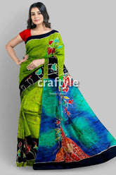 Radha krishna design handmade batik silk saree - mulberry pure fabric green blue batik saree 1