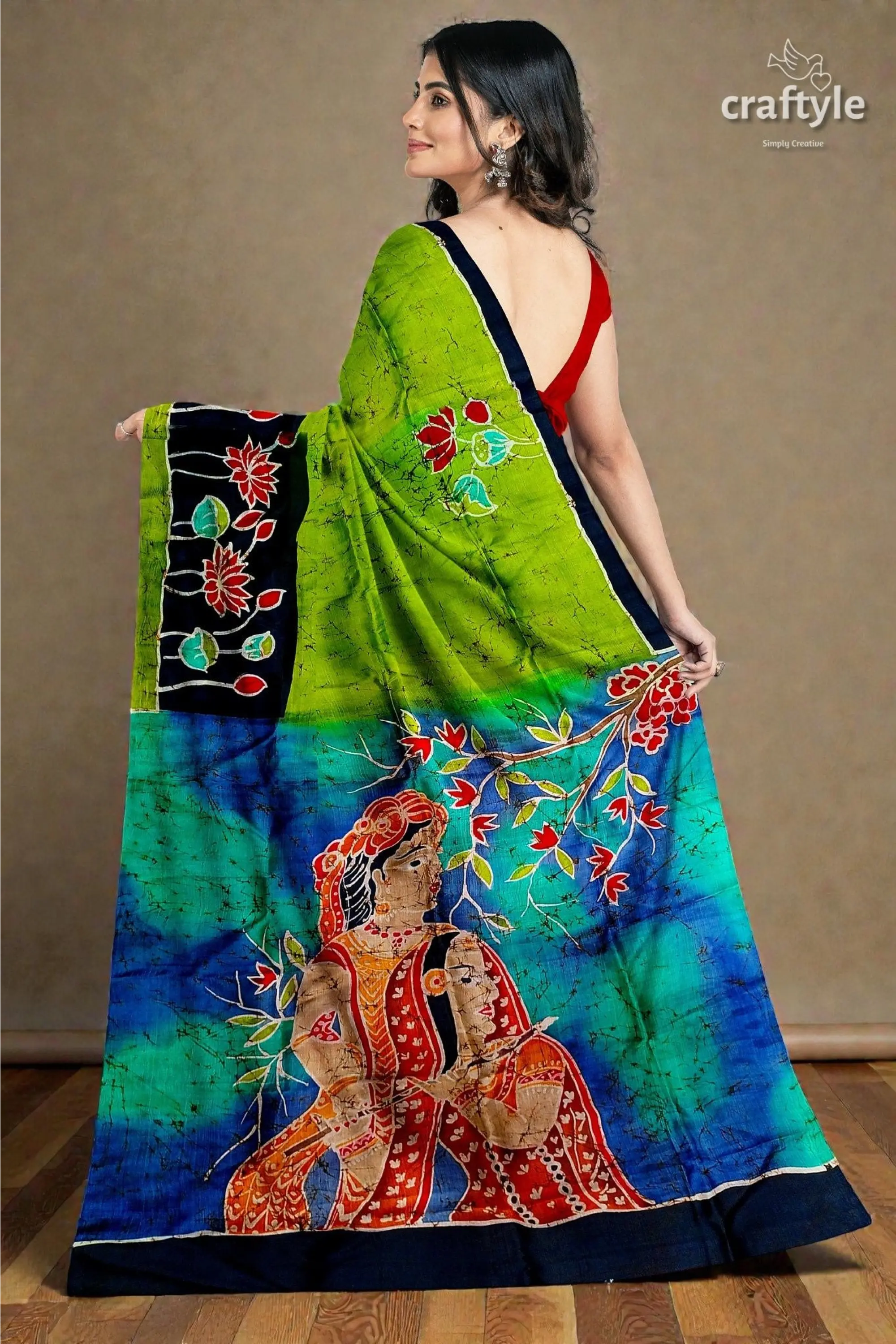 Radha krishna design handmade batik silk saree - mulberry pure fabric 4