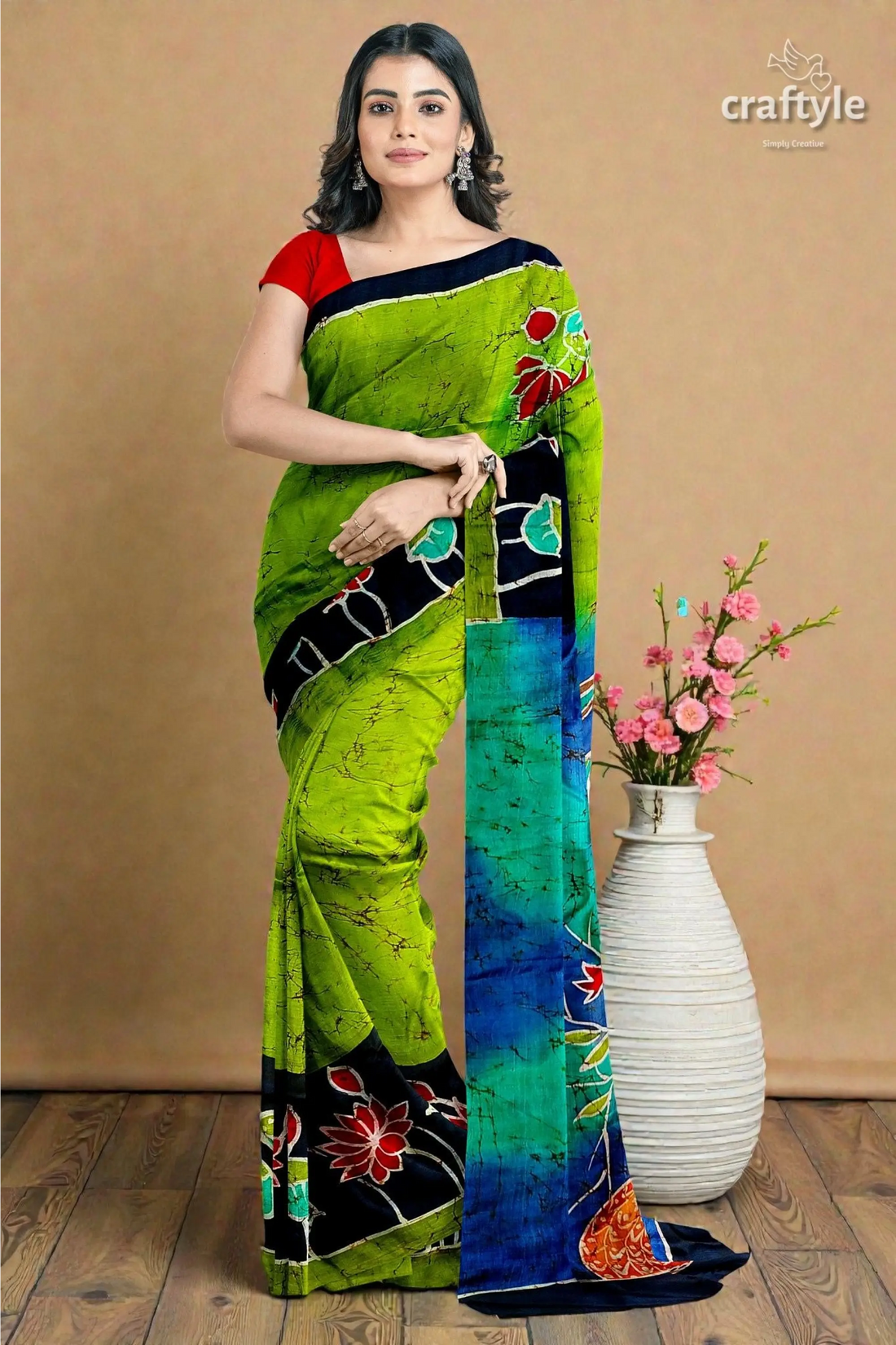 Radha krishna design handmade batik silk saree - mulberry pure fabric 2