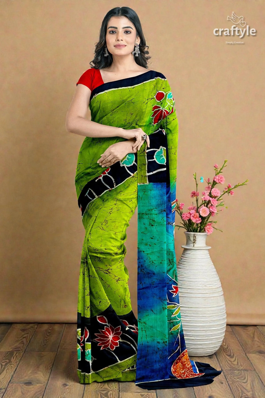 Radha krishna design handmade batik silk saree - mulberry pure fabric 2