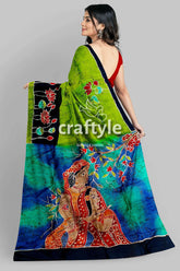 Radha krishna design handmade batik silk saree - mulberry pure fabric woman green blue batik saree 5