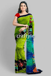 Radha krishna design handmade batik silk saree - mulberry pure fabric green blue floral saree 3