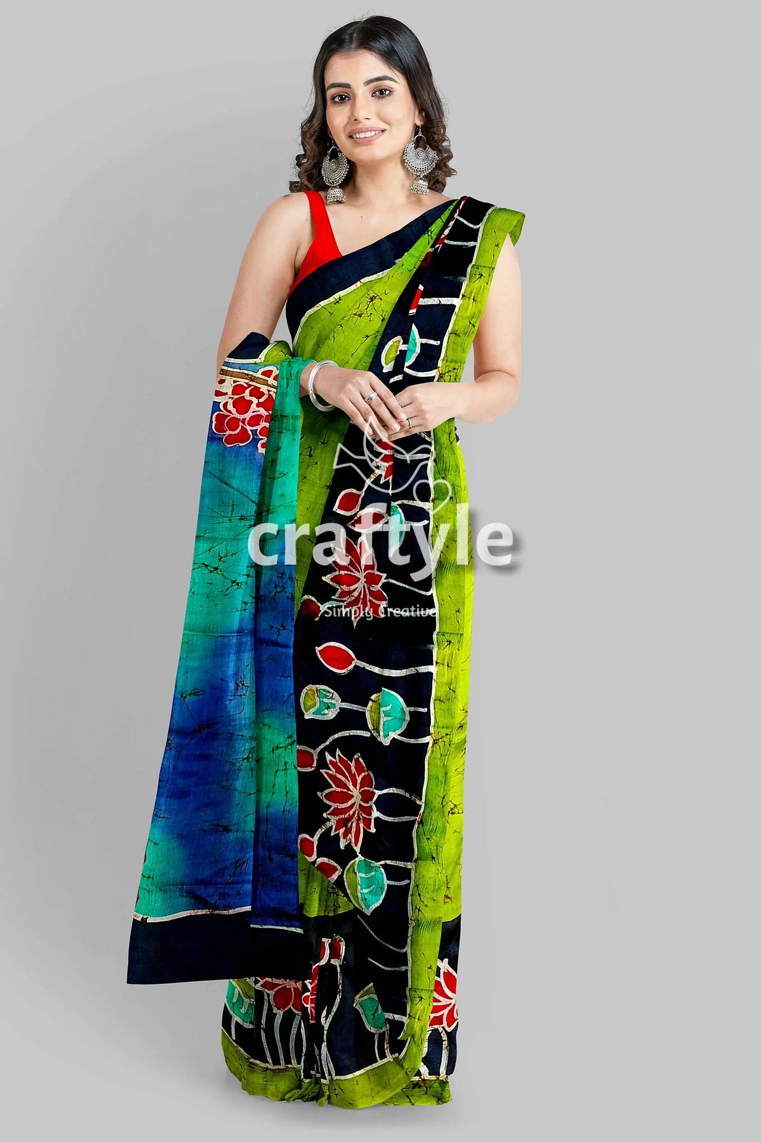 Radha krishna design handmade batik silk saree - mulberry pure fabric green blue floral saree 2