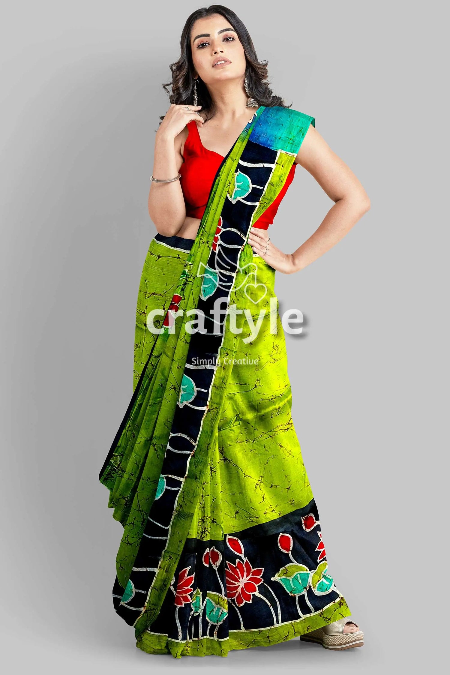 Radha krishna design handmade batik silk saree - mulberry pure fabric green batik saree floral border 4