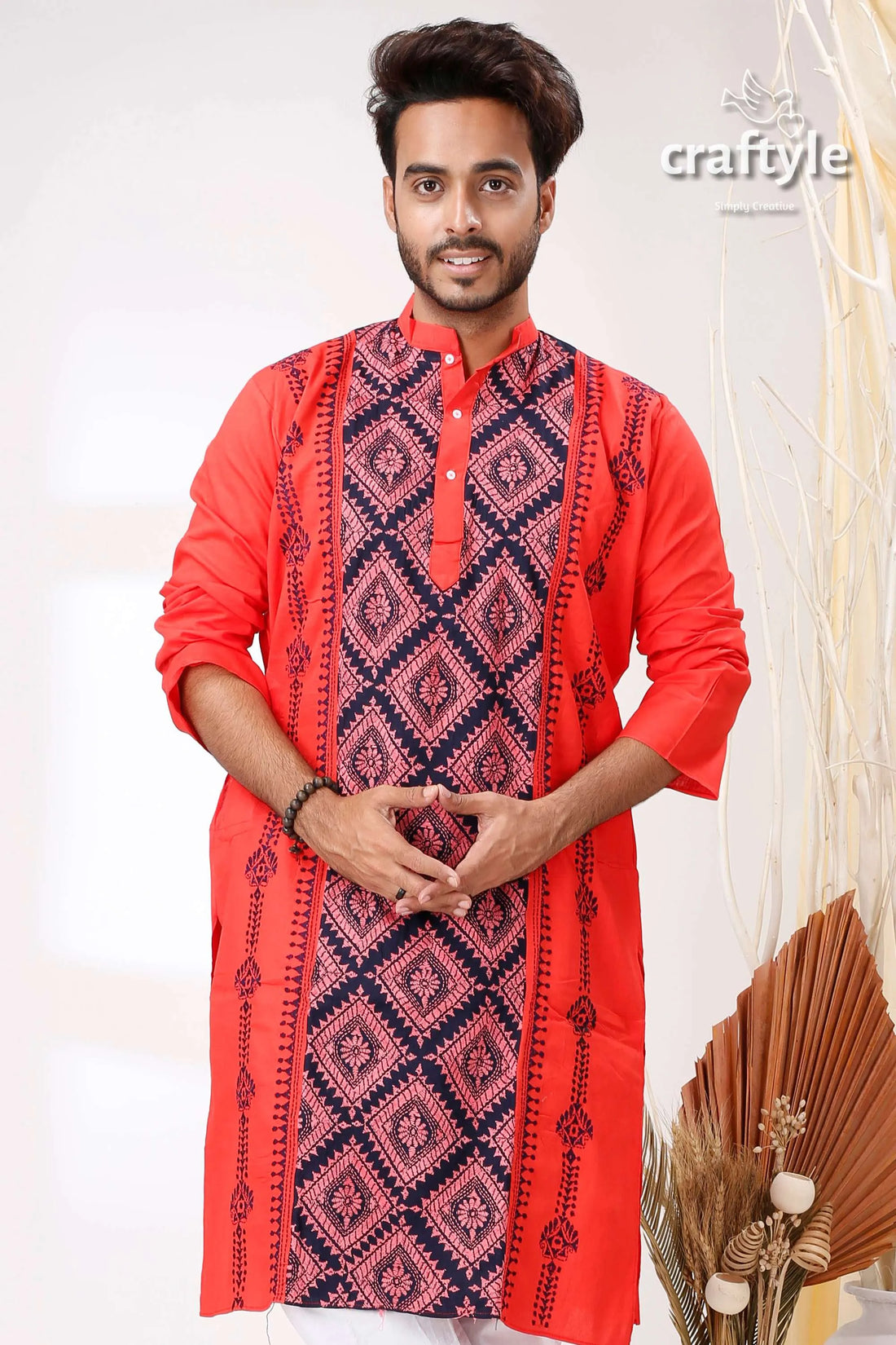 Radical red and black hand kantha work menās kurta red kurta geometric embroidery 2