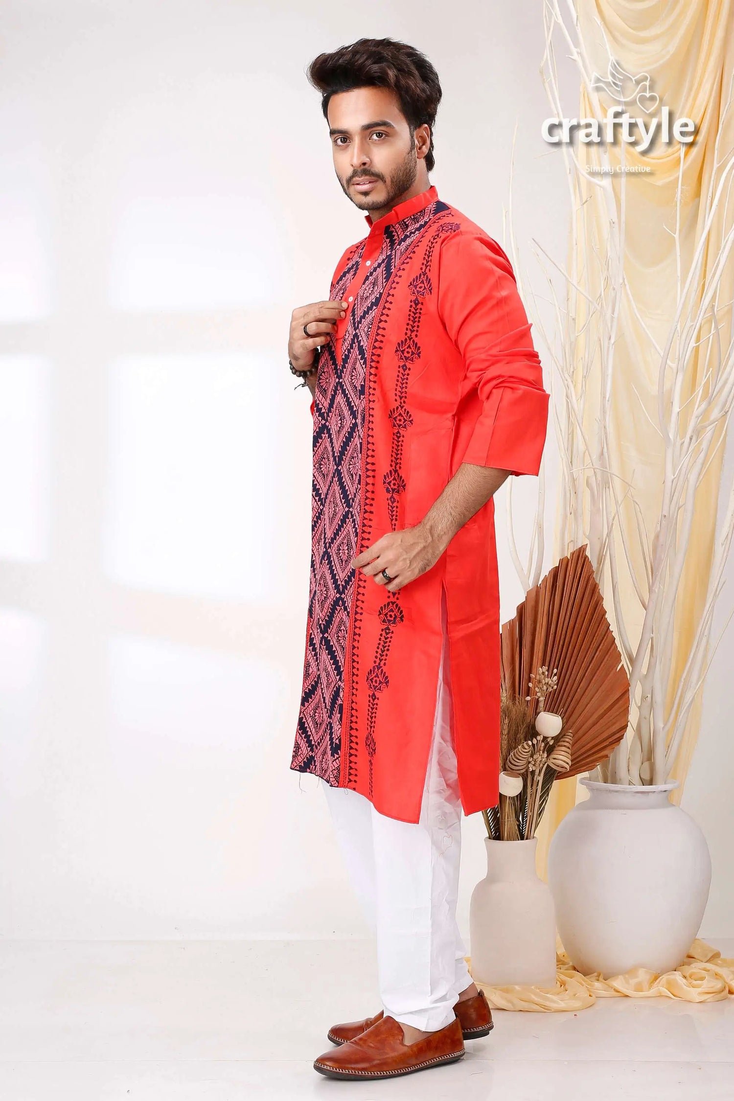 Radical red and black hand kantha work men’s kurta red embroidered kurta white pants 3