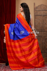 Radical red and blue hand block print mulberry pure silk saree blue orange striped saree 5