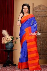 Radical red and blue hand block print mulberry pure silk saree blue orange saree 1