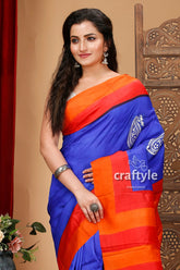 Radical red and blue hand block print mulberry pure silk saree blue orange saree 2
