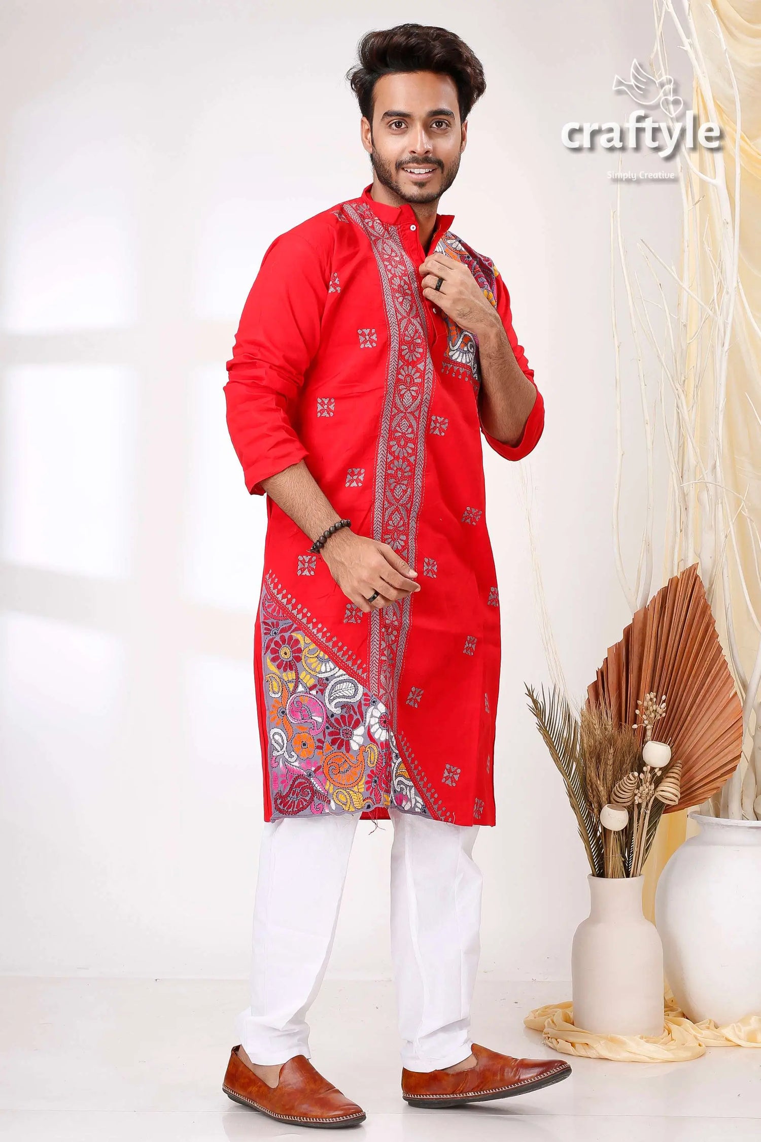 Radical red and grey kantha stitch designer cotton panjabi for men red embroidered kurta white pants 4