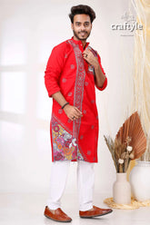 Radical red and grey kantha stitch designer cotton panjabi for men red embroidered kurta white pants 4