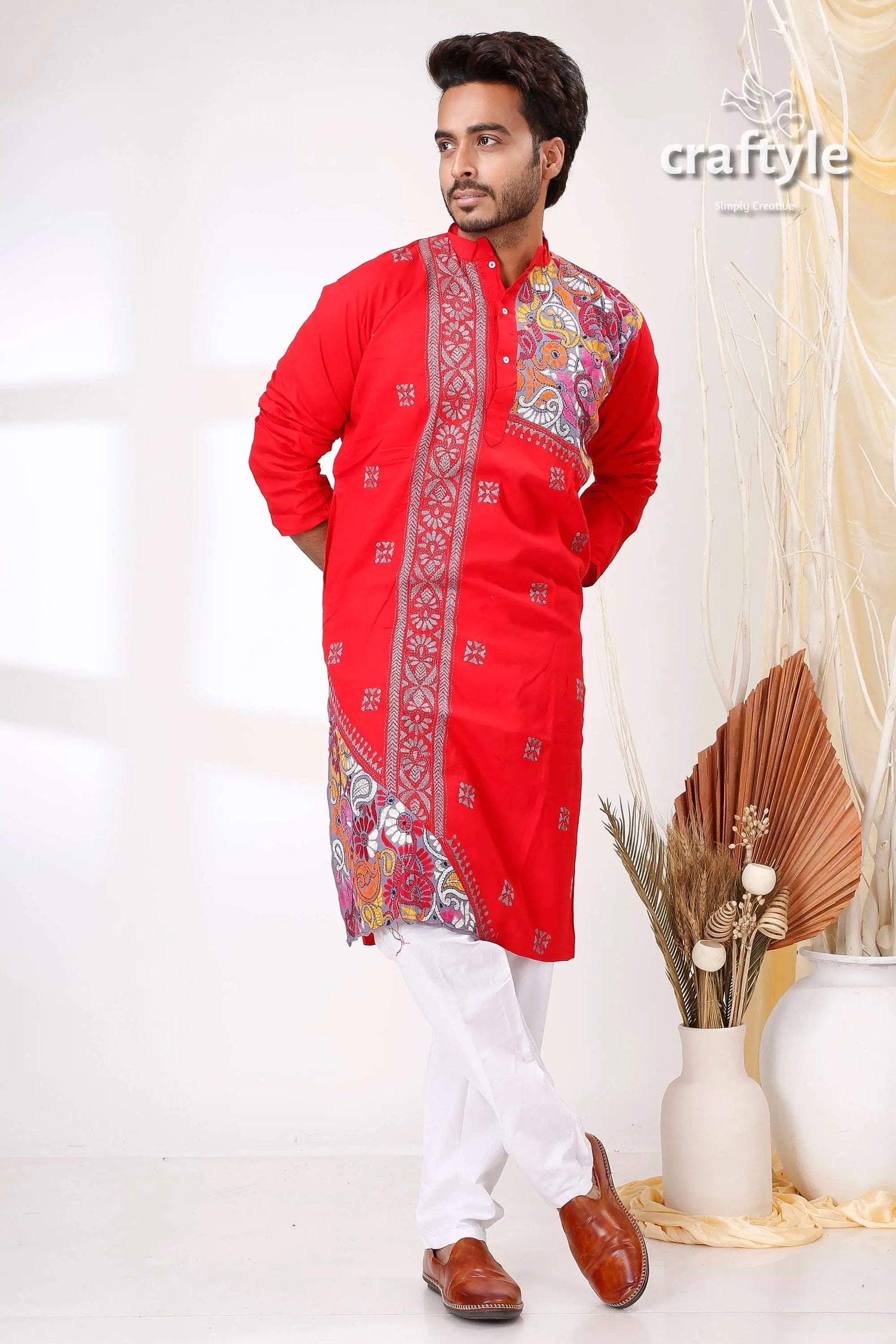 Radical red and grey kantha stitch designer cotton panjabi for men red patterned kurta white pants 1