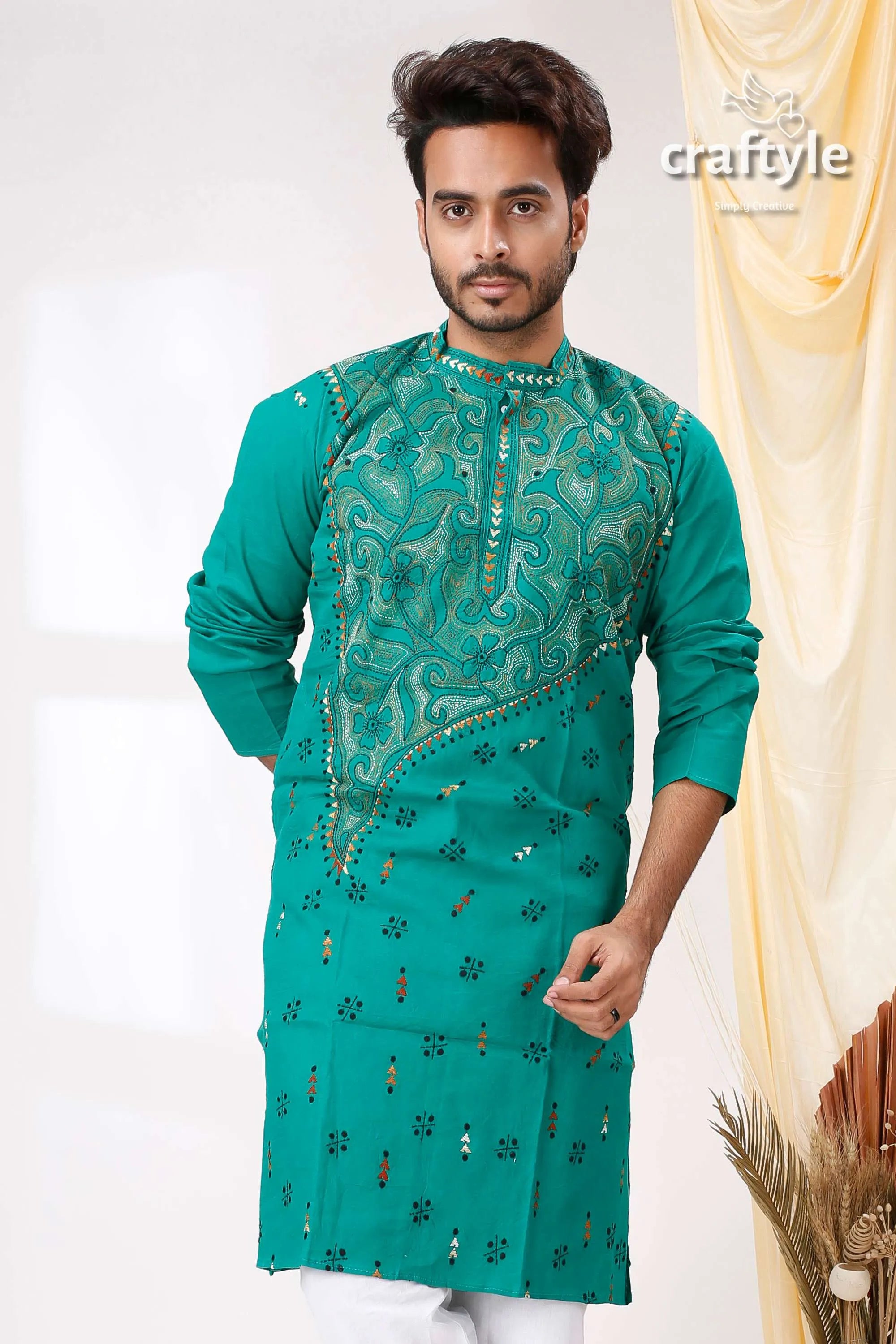 Rama green reverse kantha stitch mens kurta teal-colored intricate gold 1