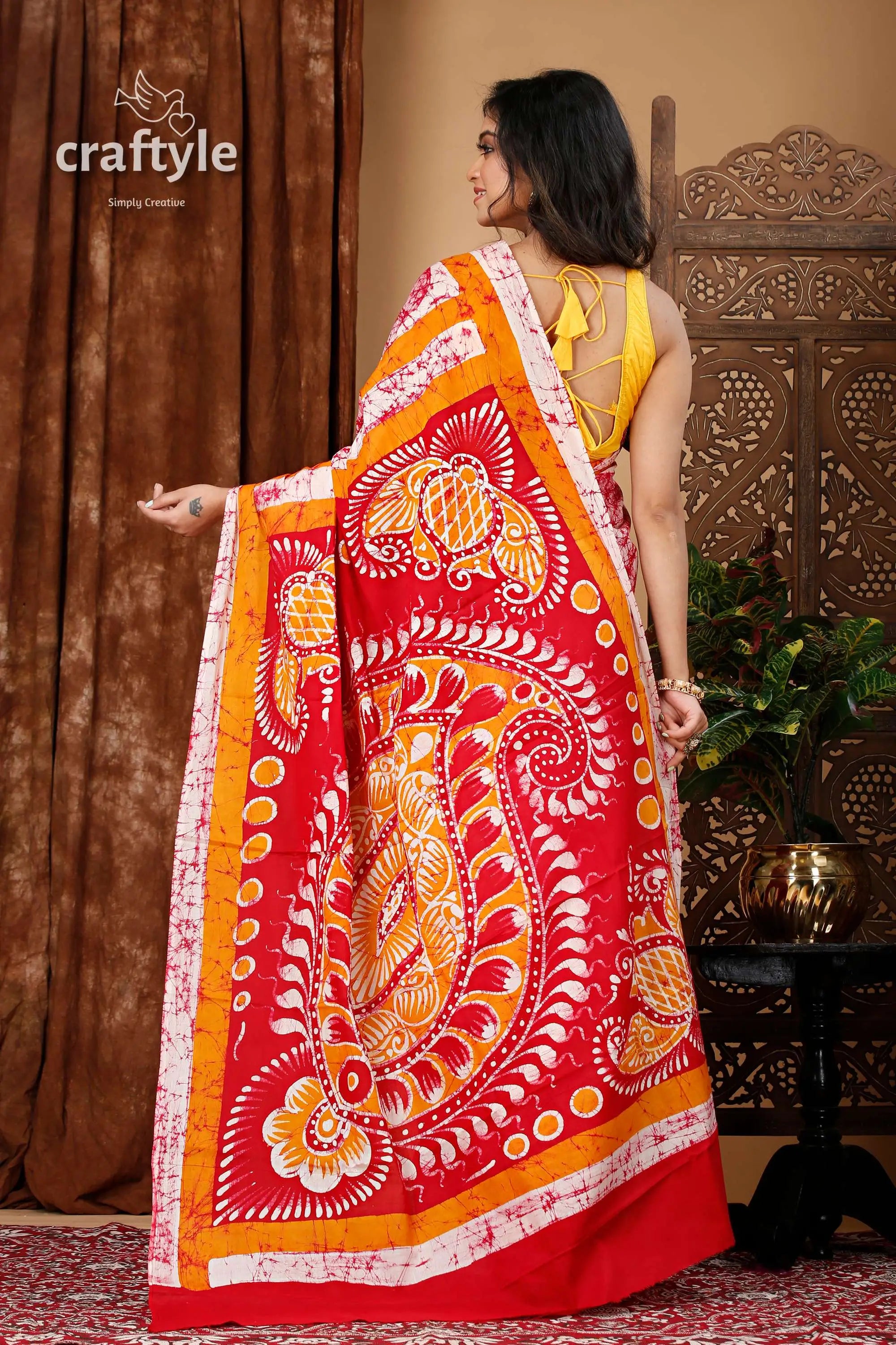 Rangoli pattern handcrafted batik pure cotton saree red orange patterned saree 5