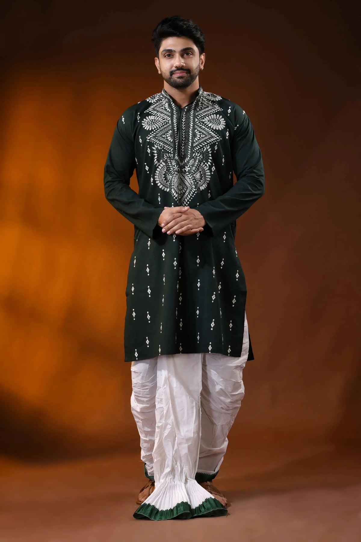 Rangoon green cotton kantha punjabi for men with white floral embroidery 1