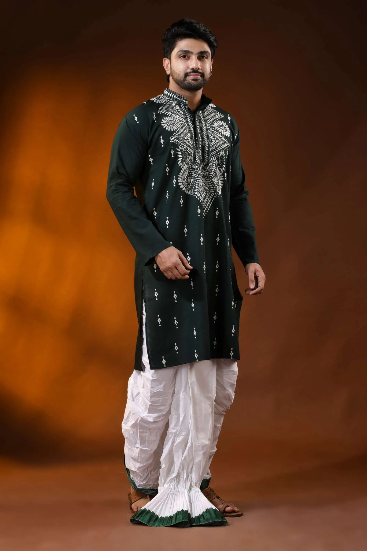 Rangoon green cotton kantha punjabi for men with white floral embroidery 4