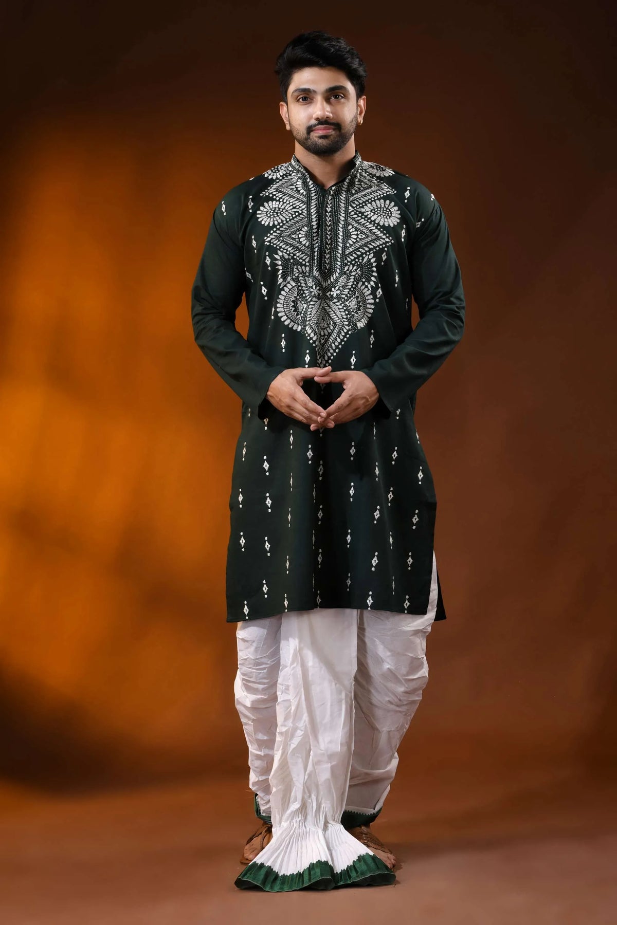Rangoon green cotton kantha punjabi for men with white floral embroidery 6