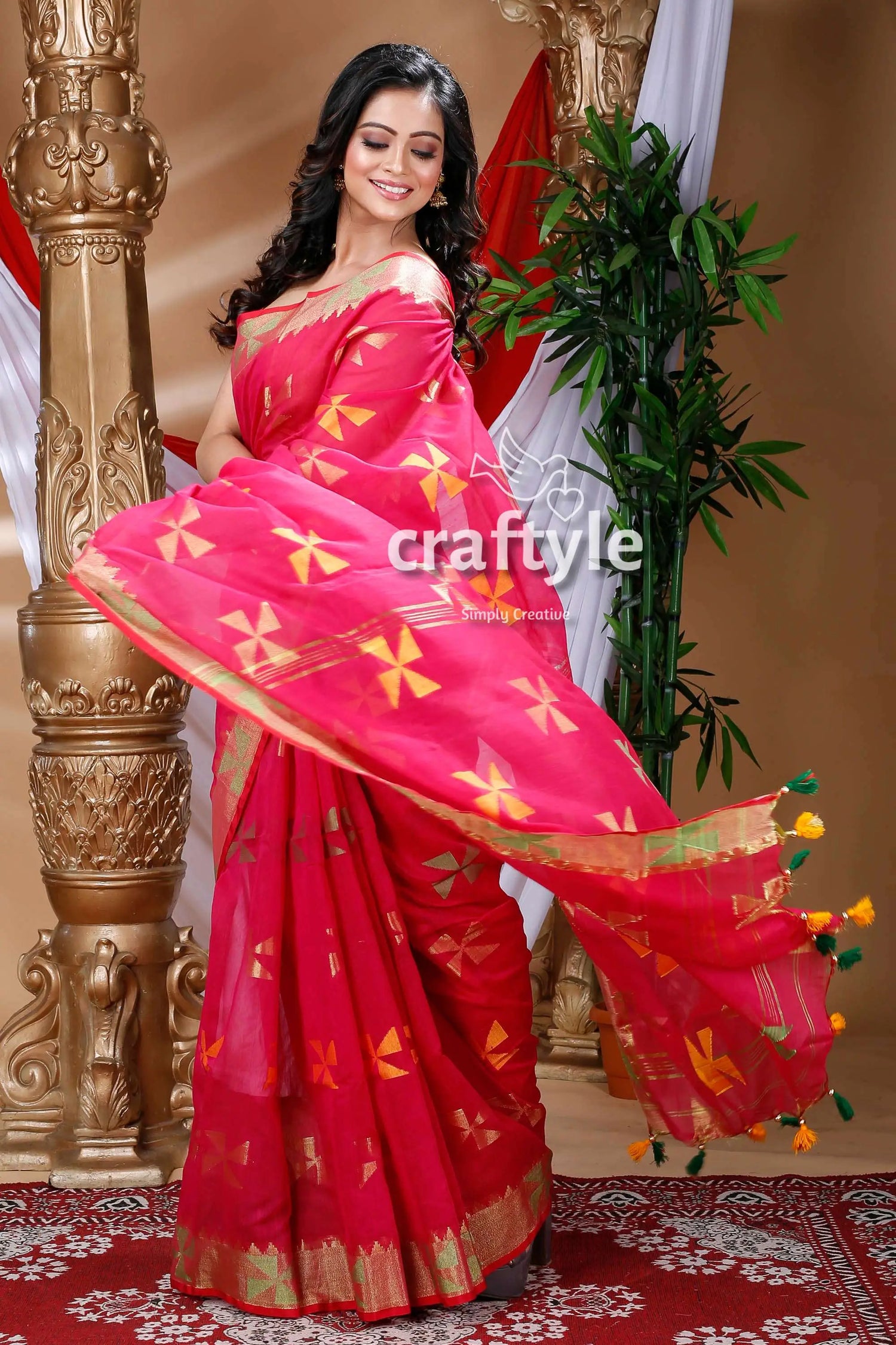 Rani pink handloom cotton saree pink saree gold accents 3