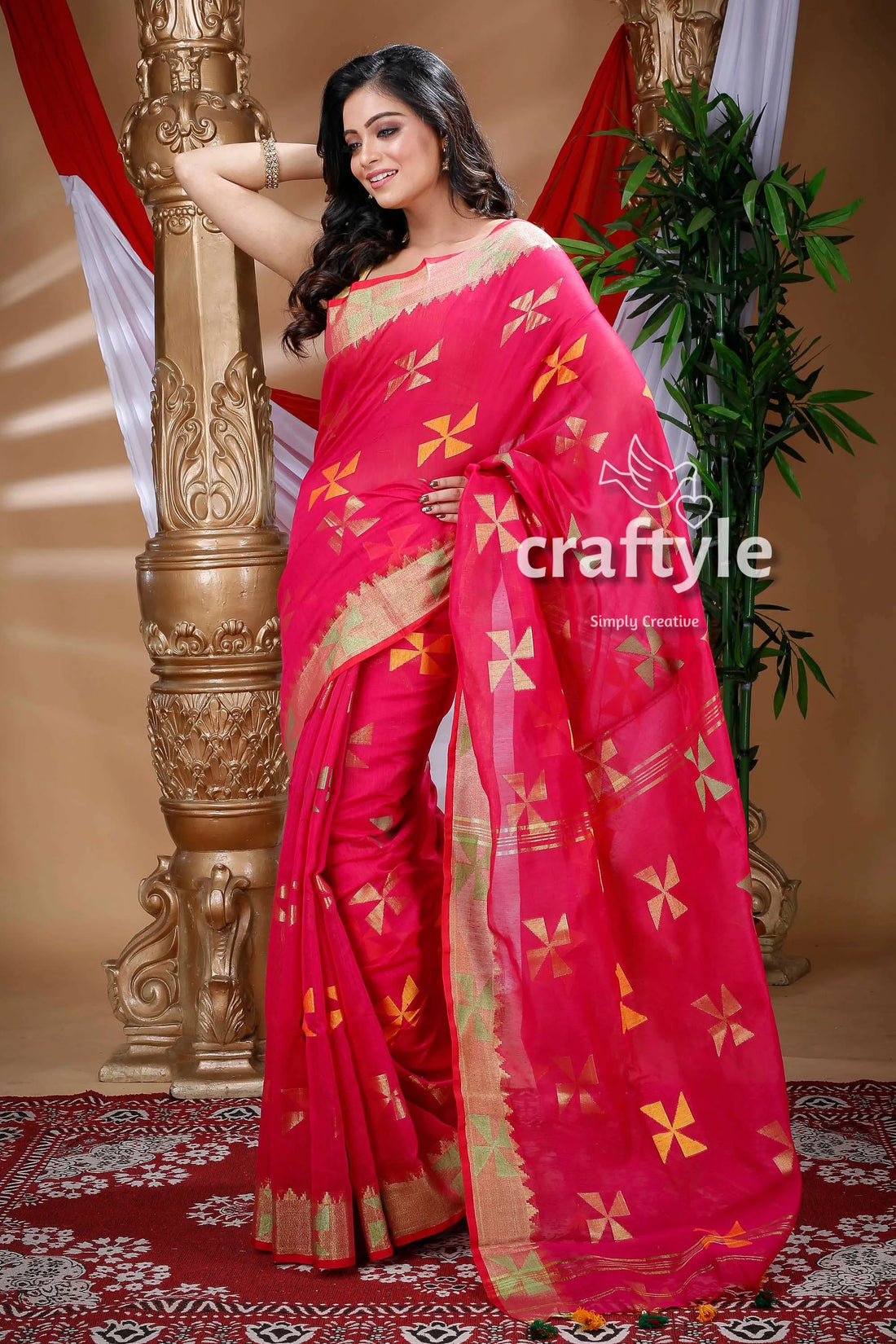 Rani pink handloom cotton saree gold accents 1