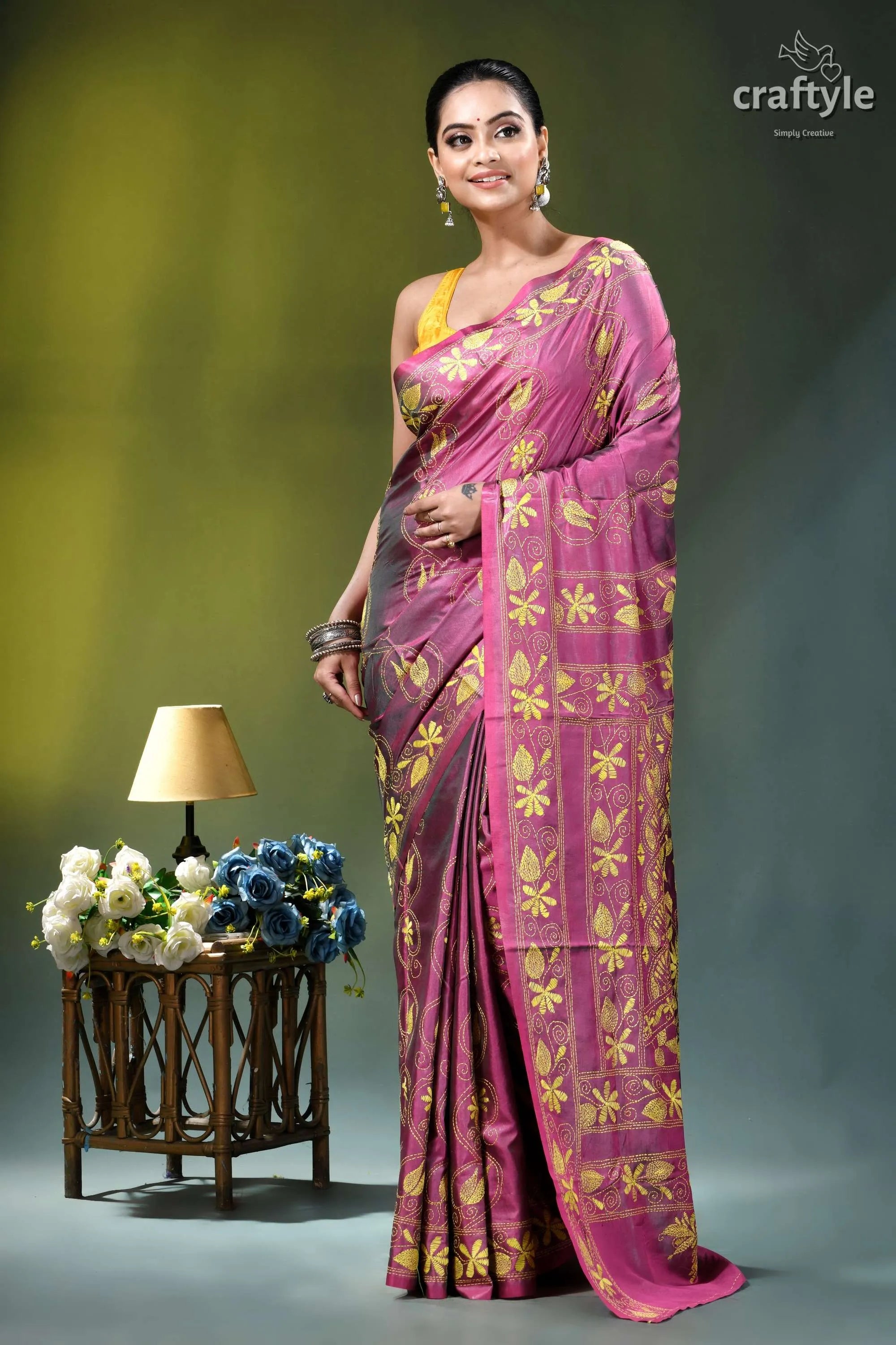 Raspberry rose floral hand embroidered premium silk kantha saree woman wears vibrant magenta saree 6