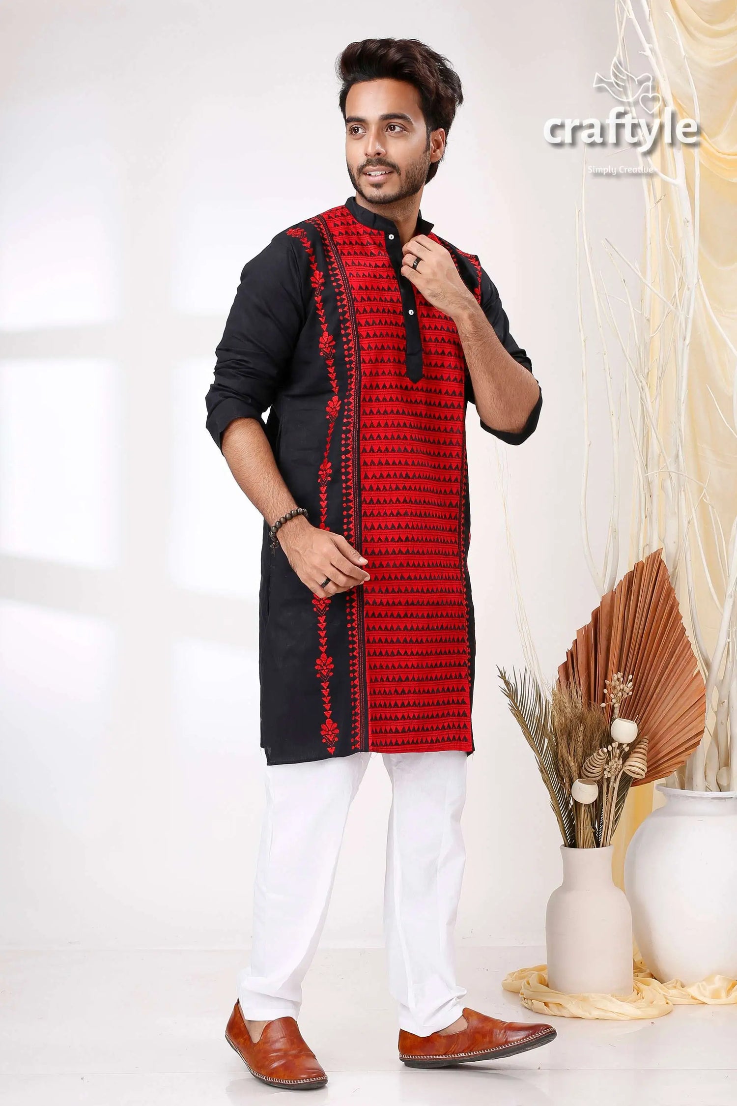 Raven black and red kantha stitch cotton kurta for men men’s black red embroidered kurta 4