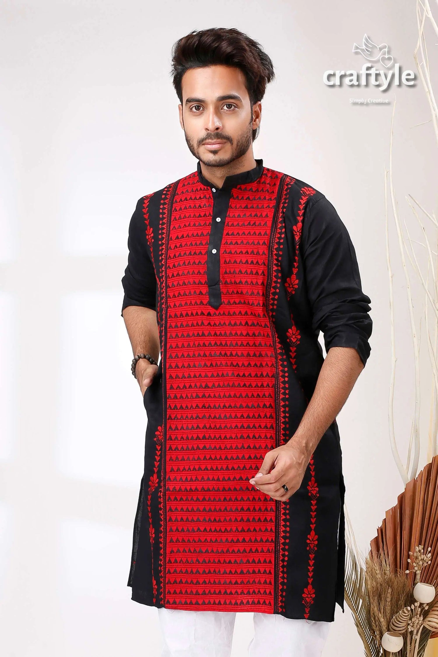 Raven black and red kantha stitch cotton kurta for men black red embroidered kurta 2