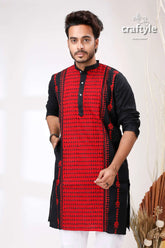 Raven black and red kantha stitch cotton kurta for men black red embroidered kurta 2