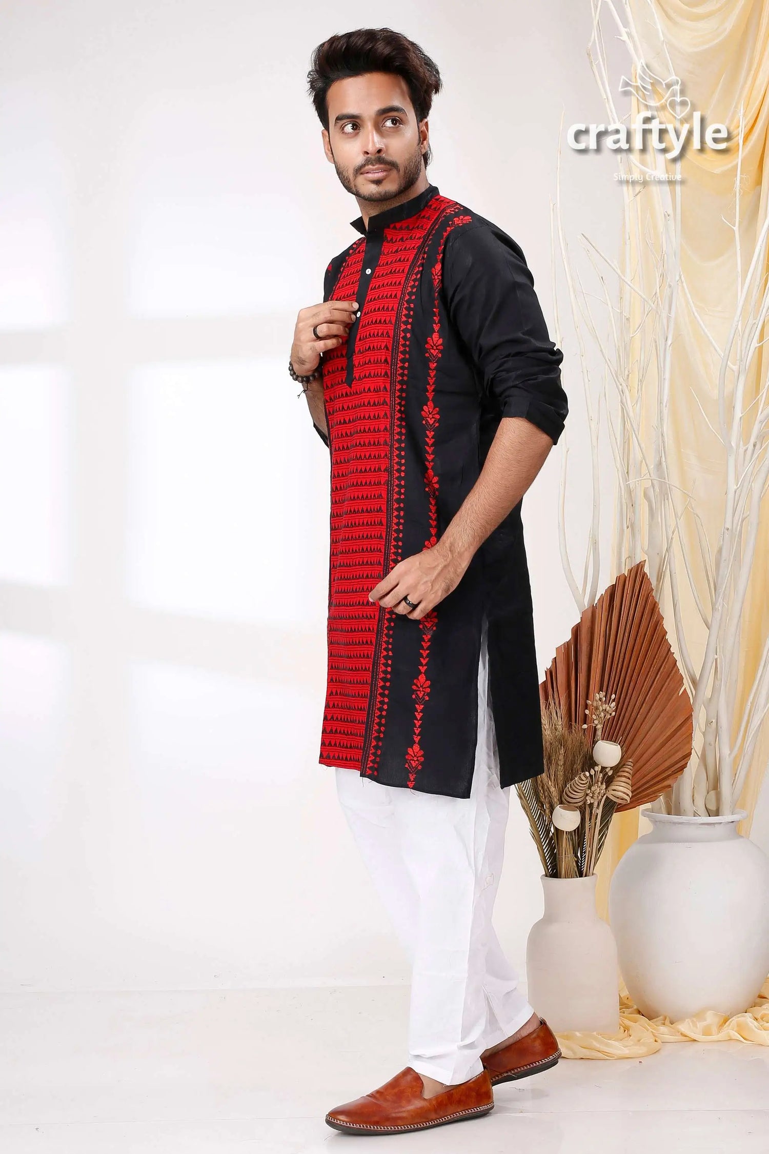 Raven black and red kantha stitch cotton kurta for men man’s black red kurta white 3