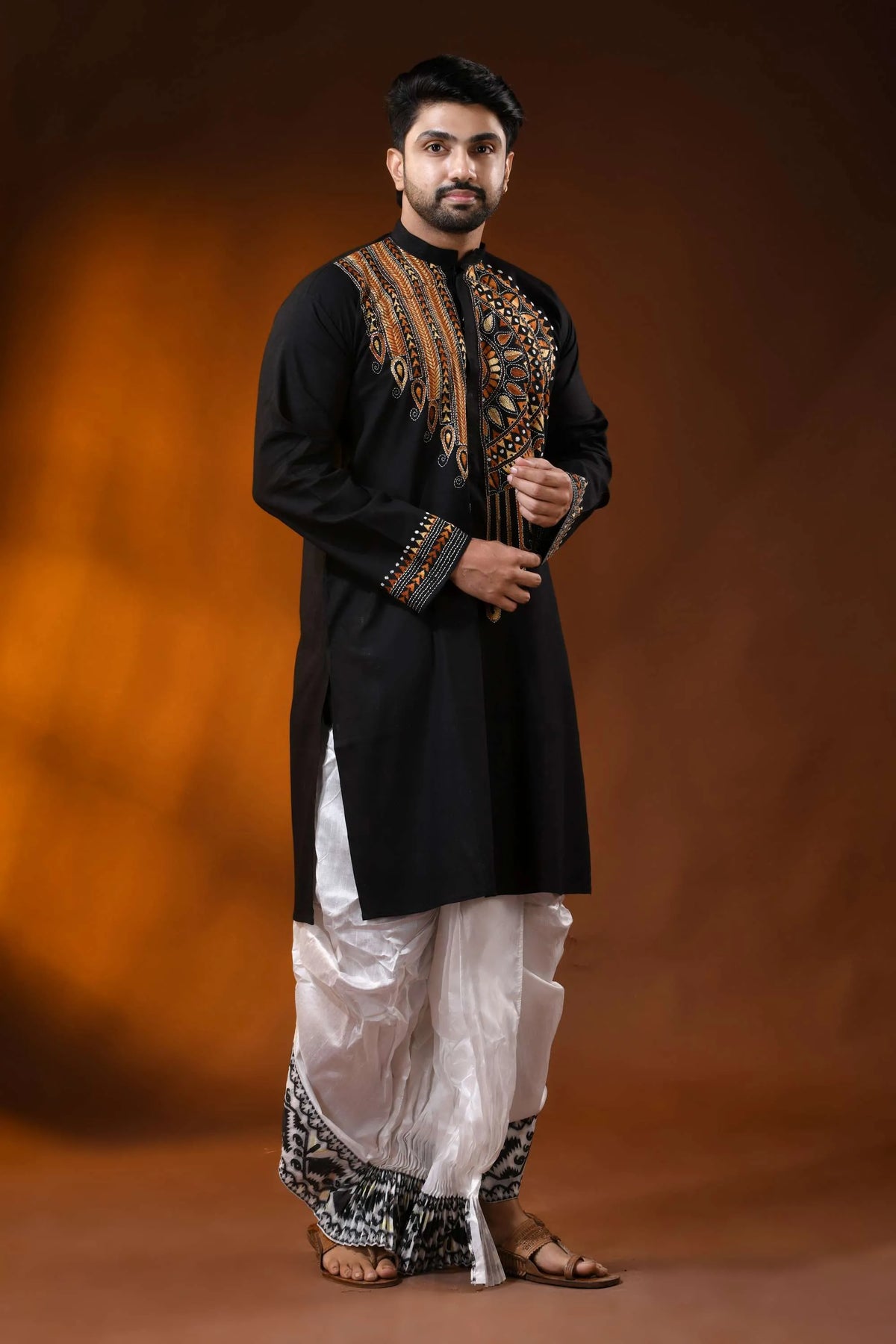 Raven black cotton punjabi with handcrafted ethnic kantha embroidery 7