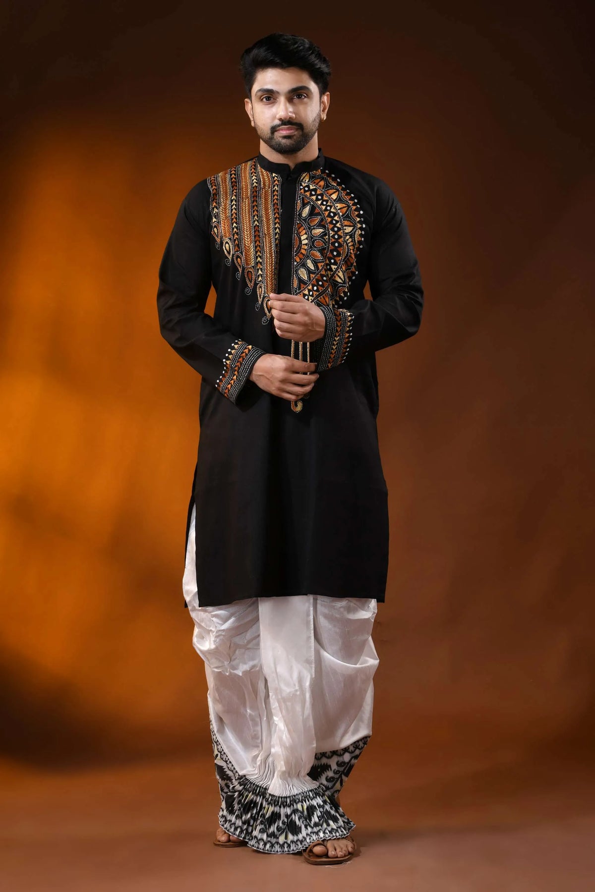 Raven black cotton punjabi with handcrafted ethnic kantha embroidery 4