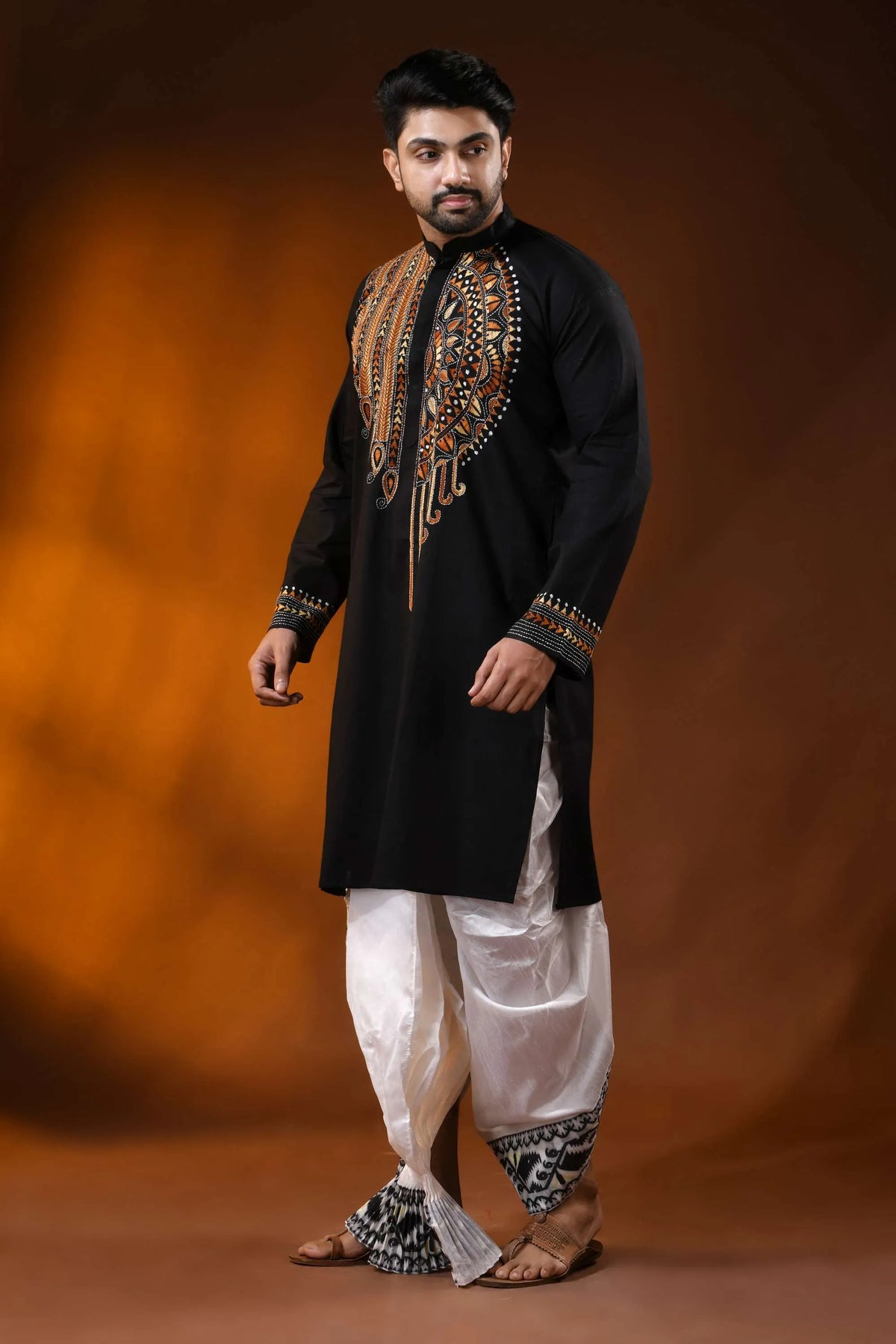 Raven black cotton punjabi with handcrafted ethnic kantha embroidery 3