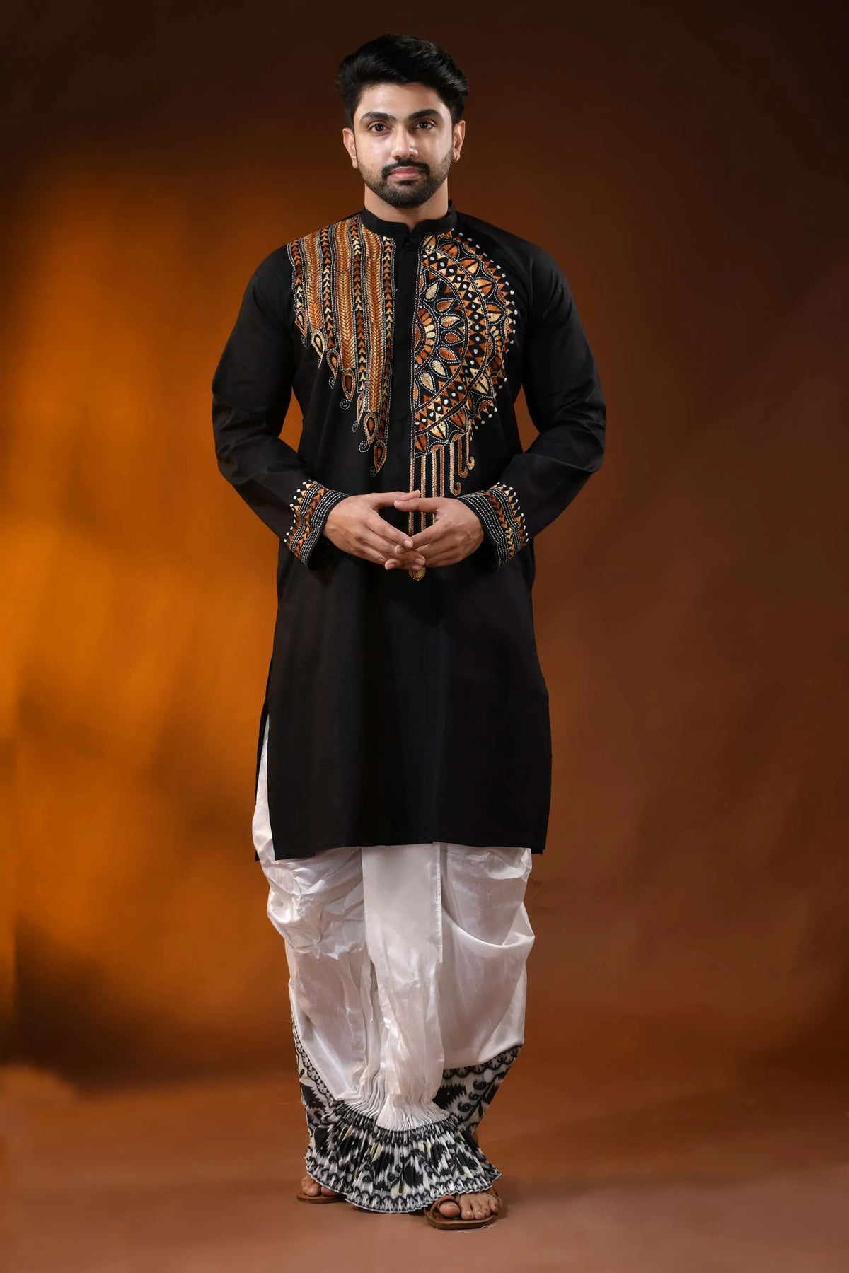 Raven black cotton punjabi with handcrafted ethnic kantha embroidery 8