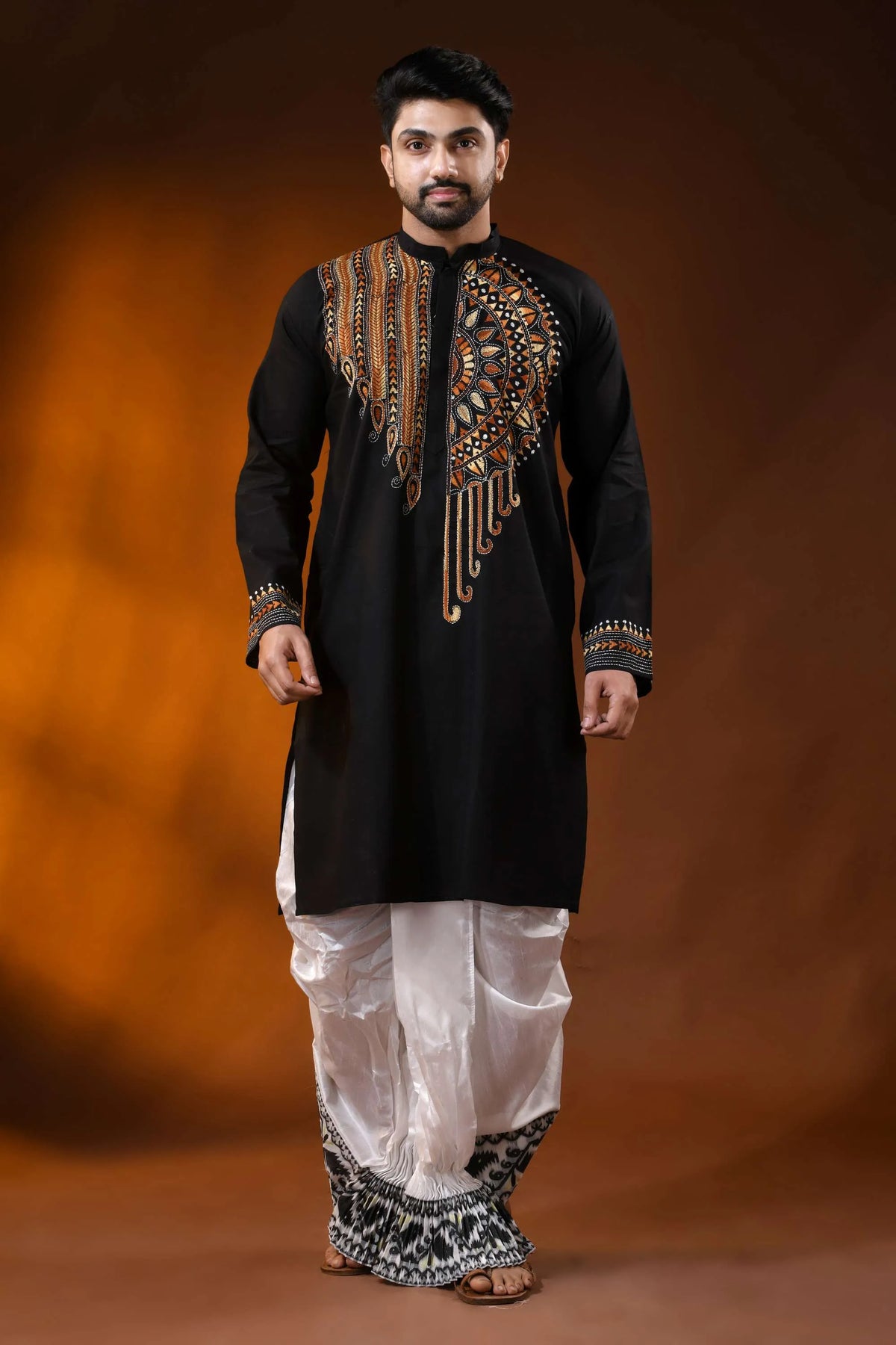 Raven black cotton punjabi with handcrafted ethnic kantha embroidery 1