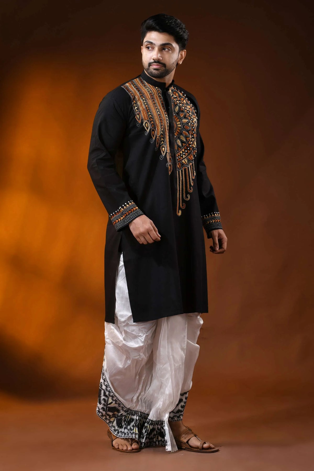 Raven black cotton punjabi with handcrafted ethnic kantha embroidery 5