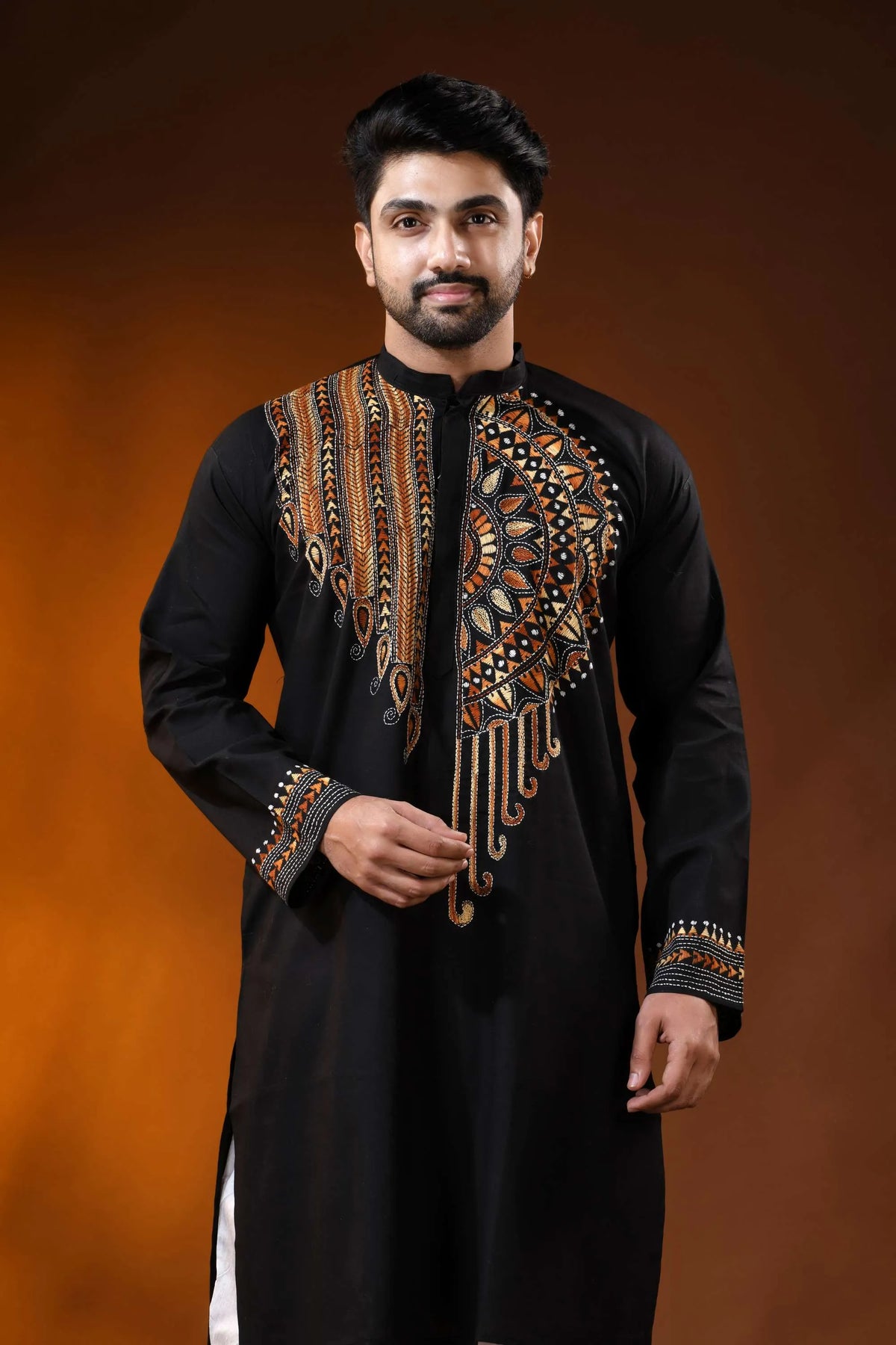 Raven black cotton punjabi with handcrafted ethnic kantha embroidery 2