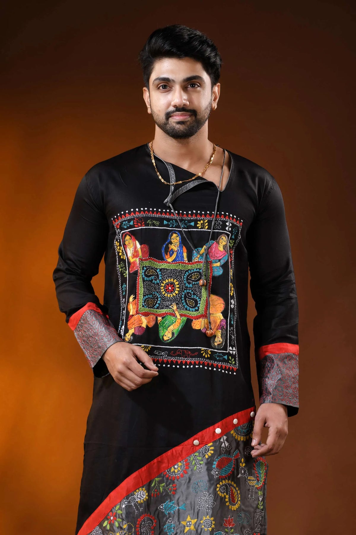 Raven black cotton punjabi with kantha stitch applique & hand paint 2