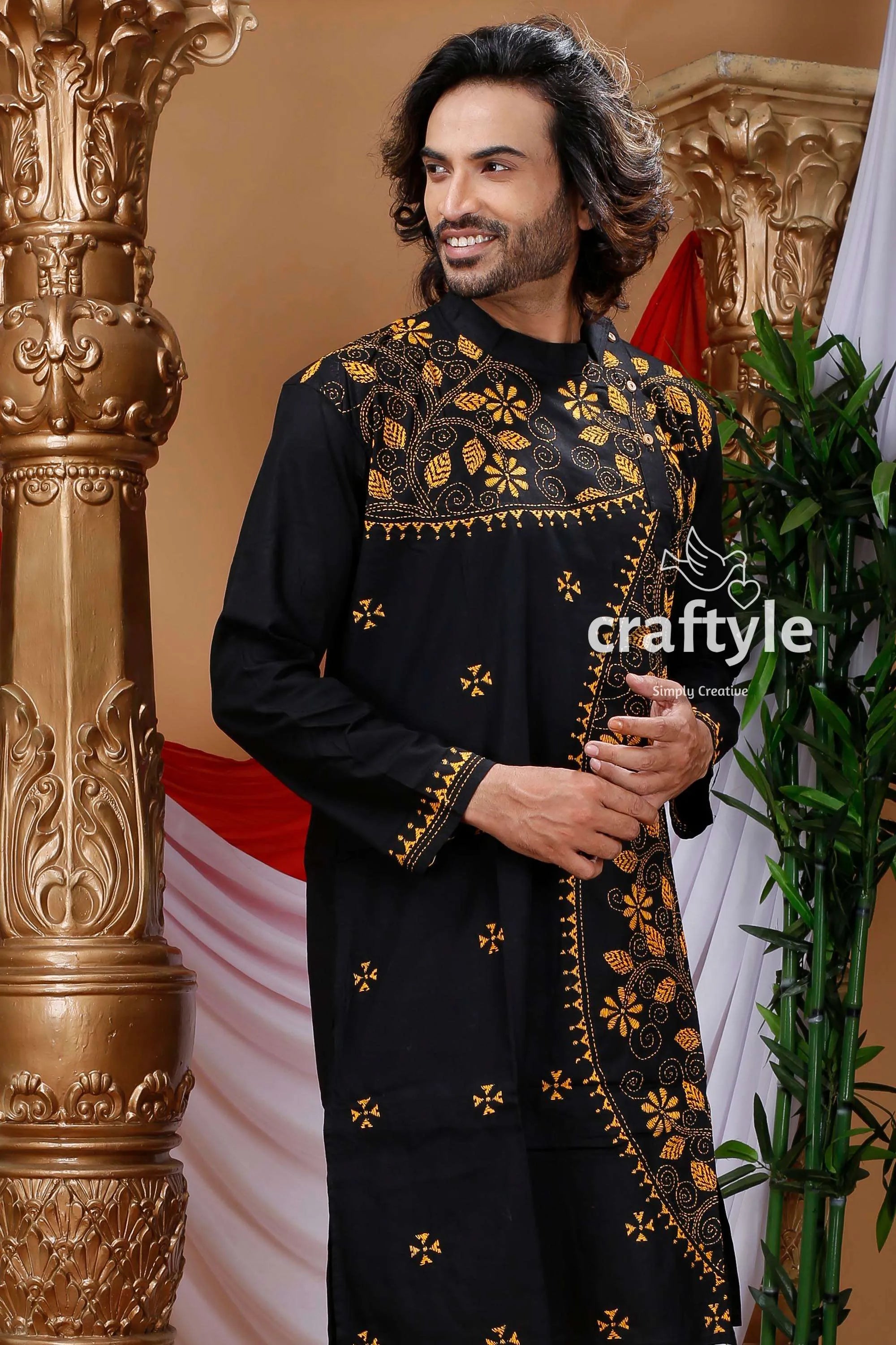 Raven black floral kantha work cotton punjabi for men kurta intricate gold embroidery 2