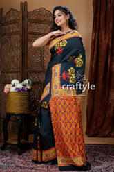 Raven black hand block design pure mulberry silk saree woman black orange patterned saree 3