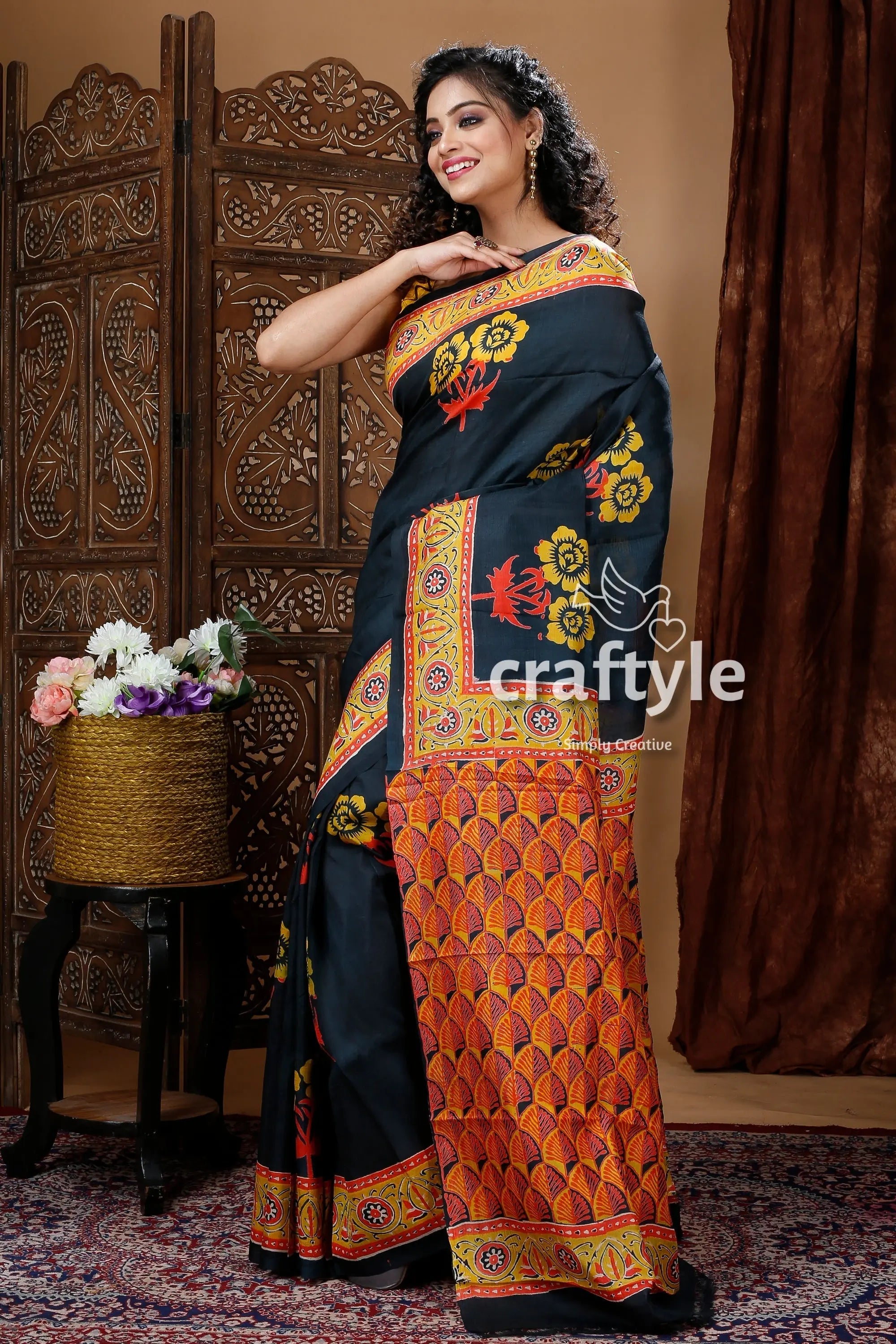 Raven black hand block design pure mulberry silk saree woman black orange patterned saree 3