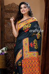 Raven black hand block design pure mulberry silk saree black saree floral geometric patterns 2