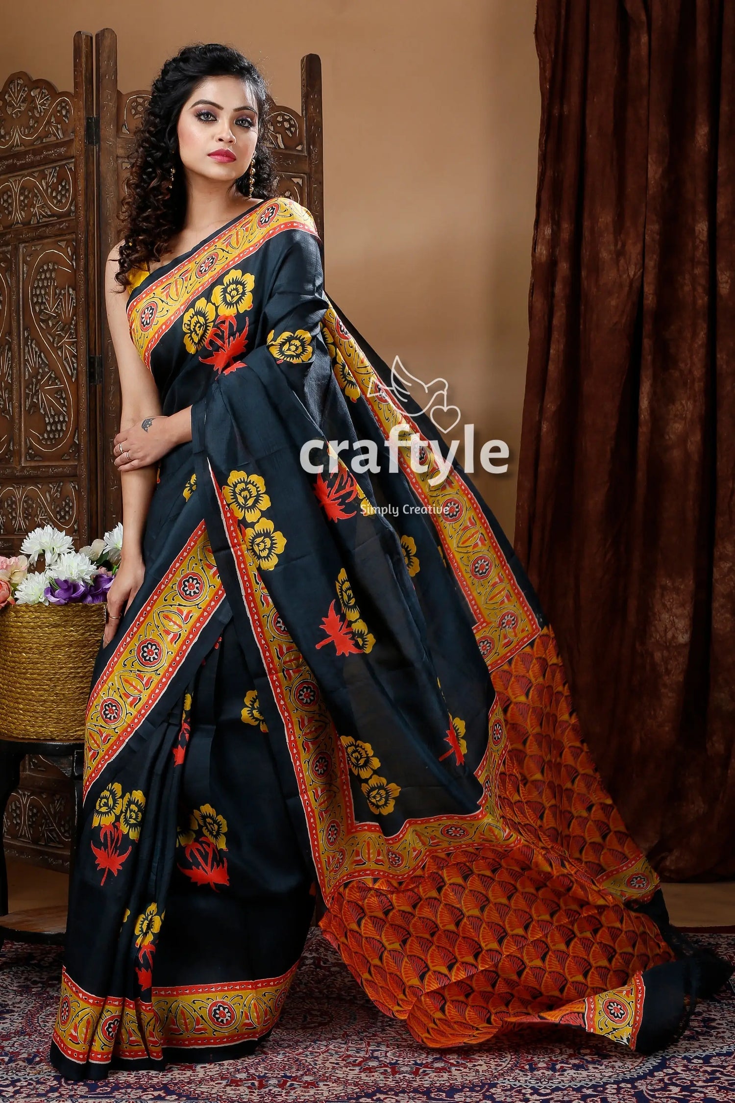 Raven black hand block design pure mulberry silk saree black saree floral geometric patterns 5