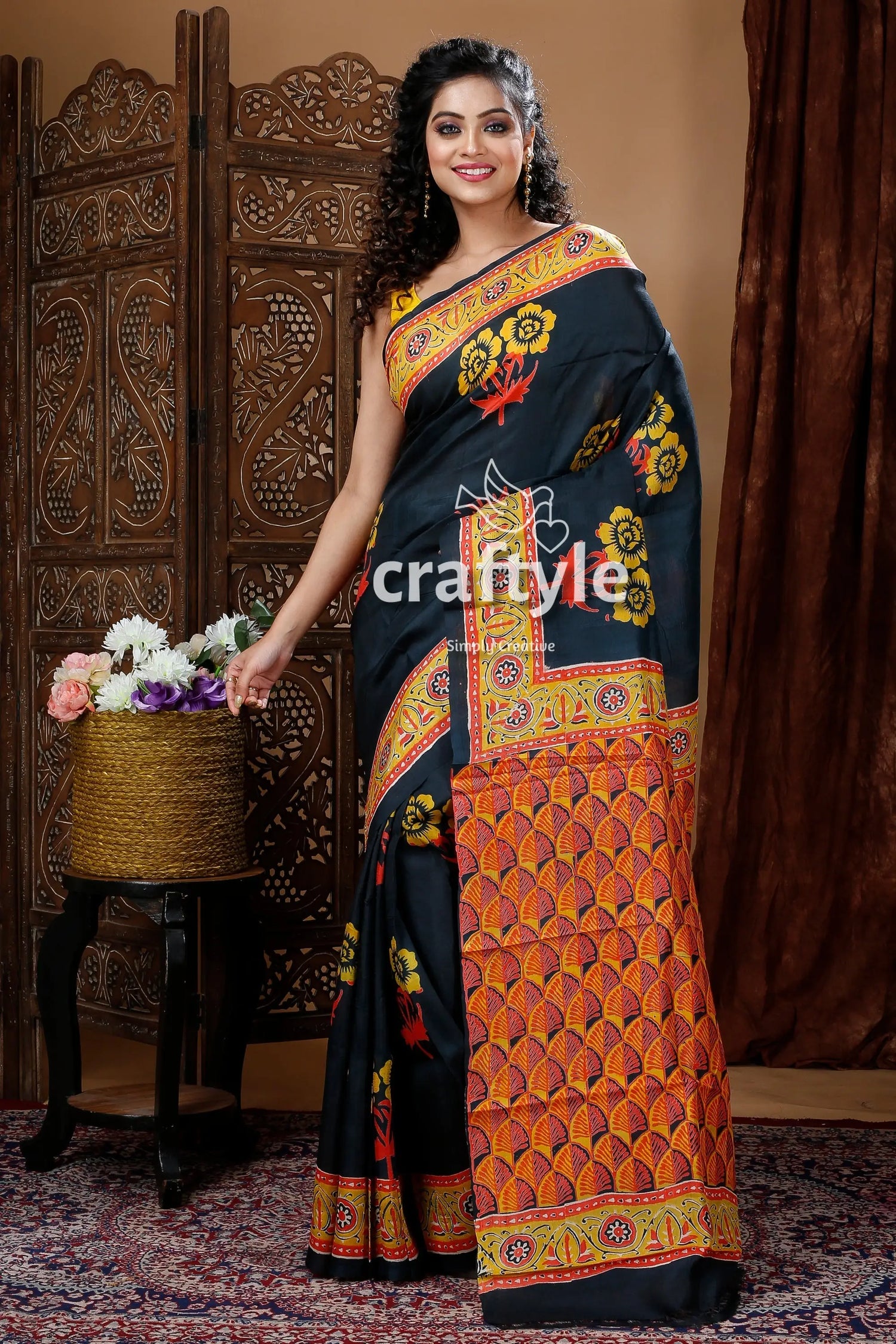 Raven black hand block design pure mulberry silk saree black saree orange yellow floral 1