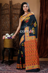 Raven black hand block design pure mulberry silk saree black saree orange yellow floral 1