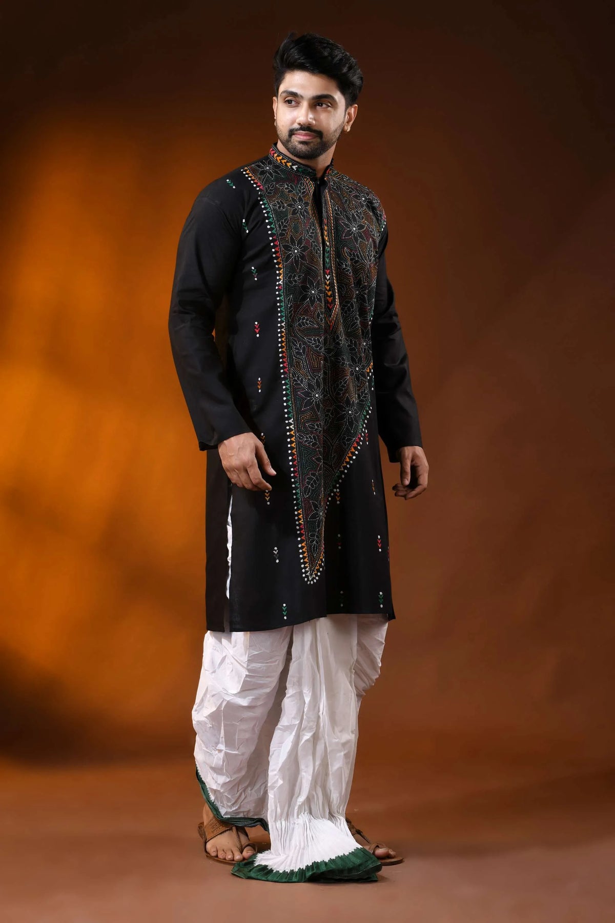 Raven black men’s cotton reverse kantha punjabi multithread floral handcrafted 5