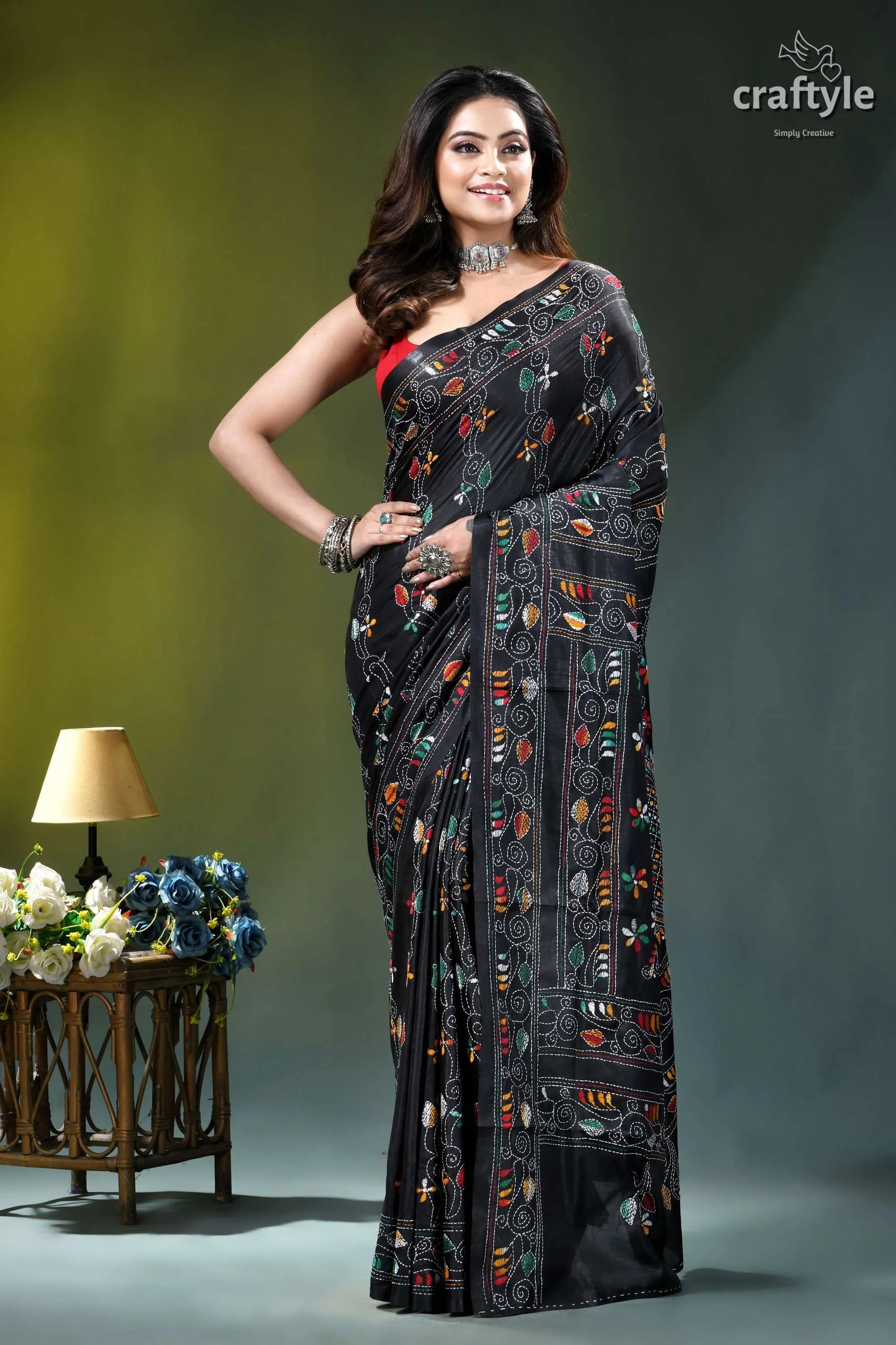 Raven black multicolor hand stitched silk kantha saree black saree intricate multicolored embroidery 6