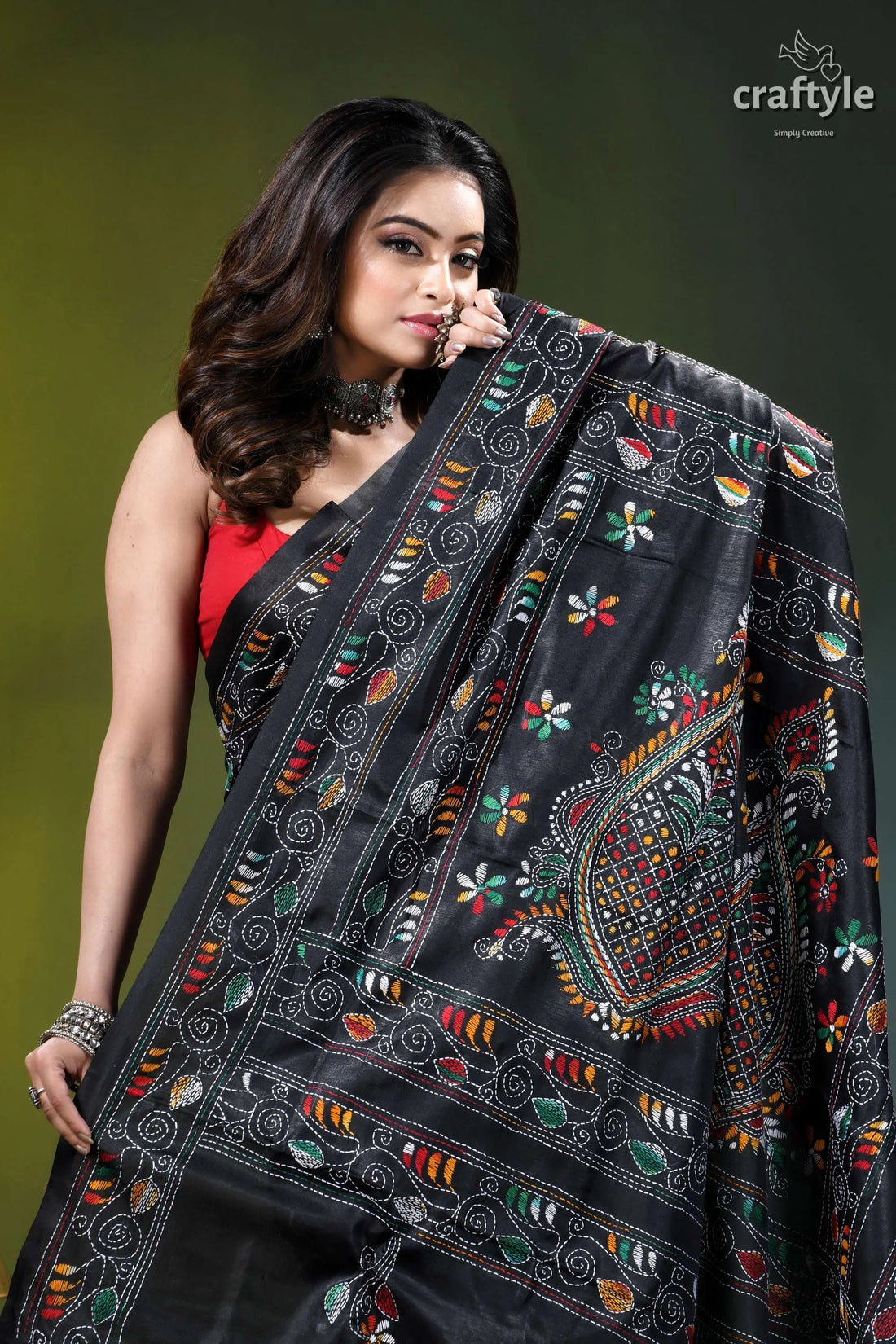 Raven black multicolor hand stitched silk kantha saree black silk saree intricate multicolored 2