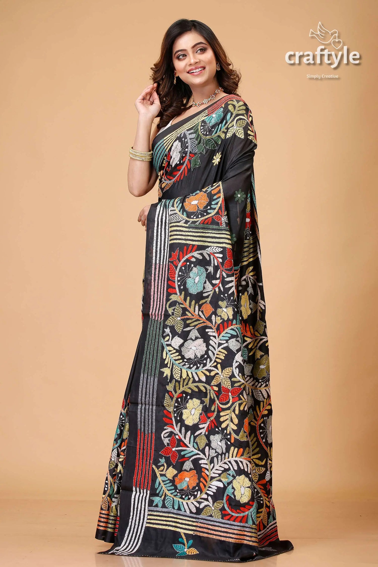 Raven black multicolor thread hand kantha silk saree black saree colorful floral embroidery 3