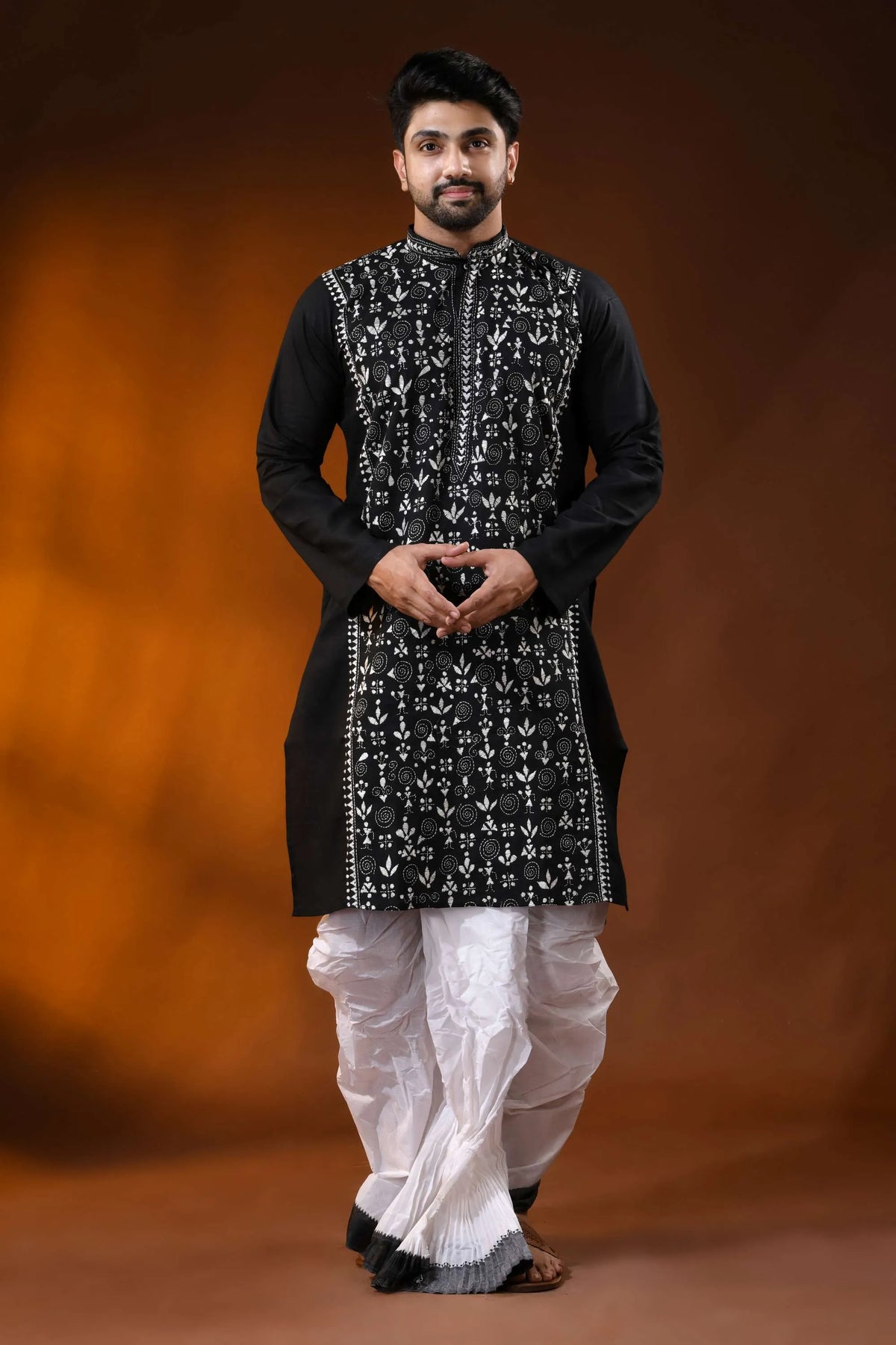 Raven black pure cotton punjabi for men with folk warli kantha work 7