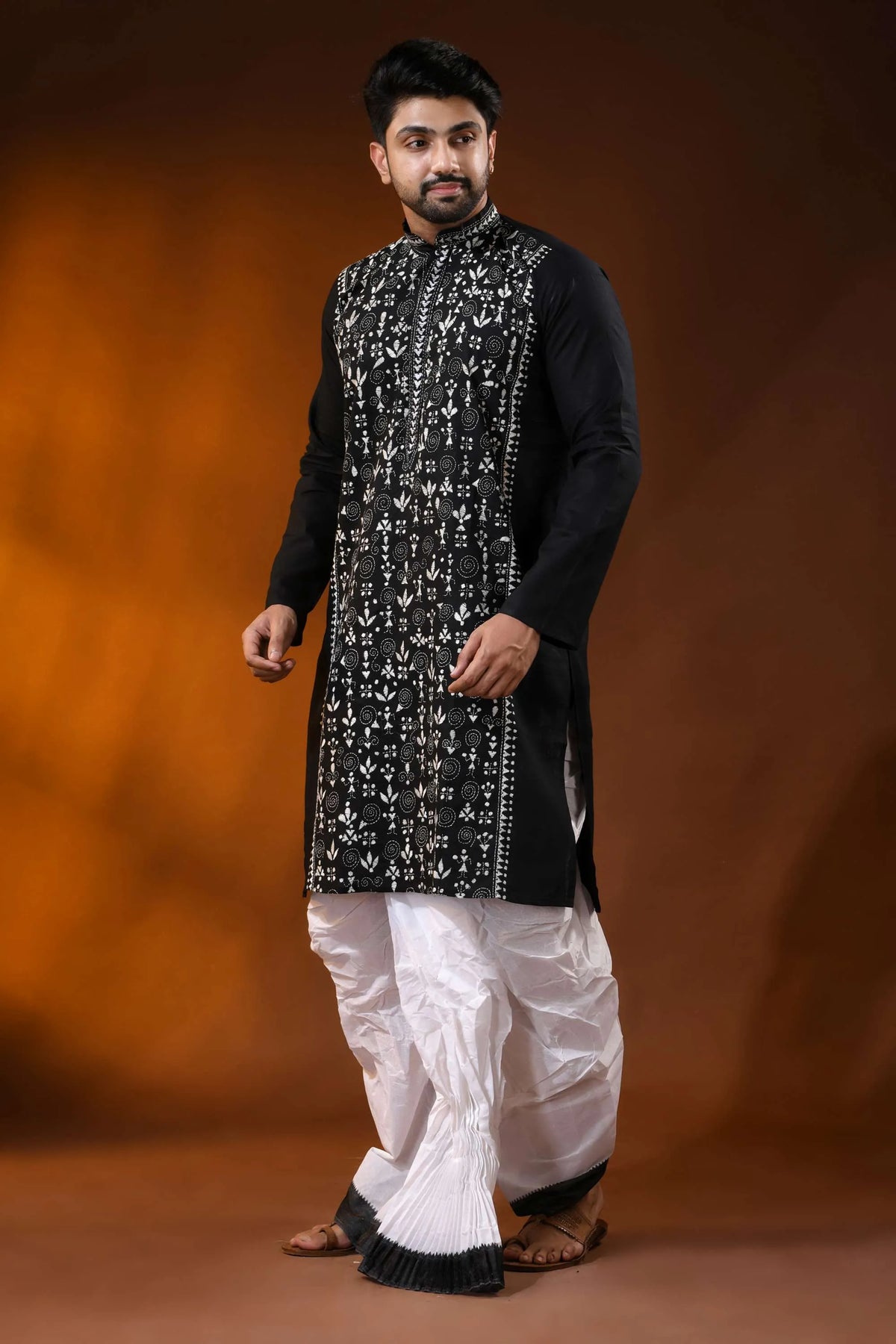 Raven black pure cotton punjabi for men with folk warli kantha work 3