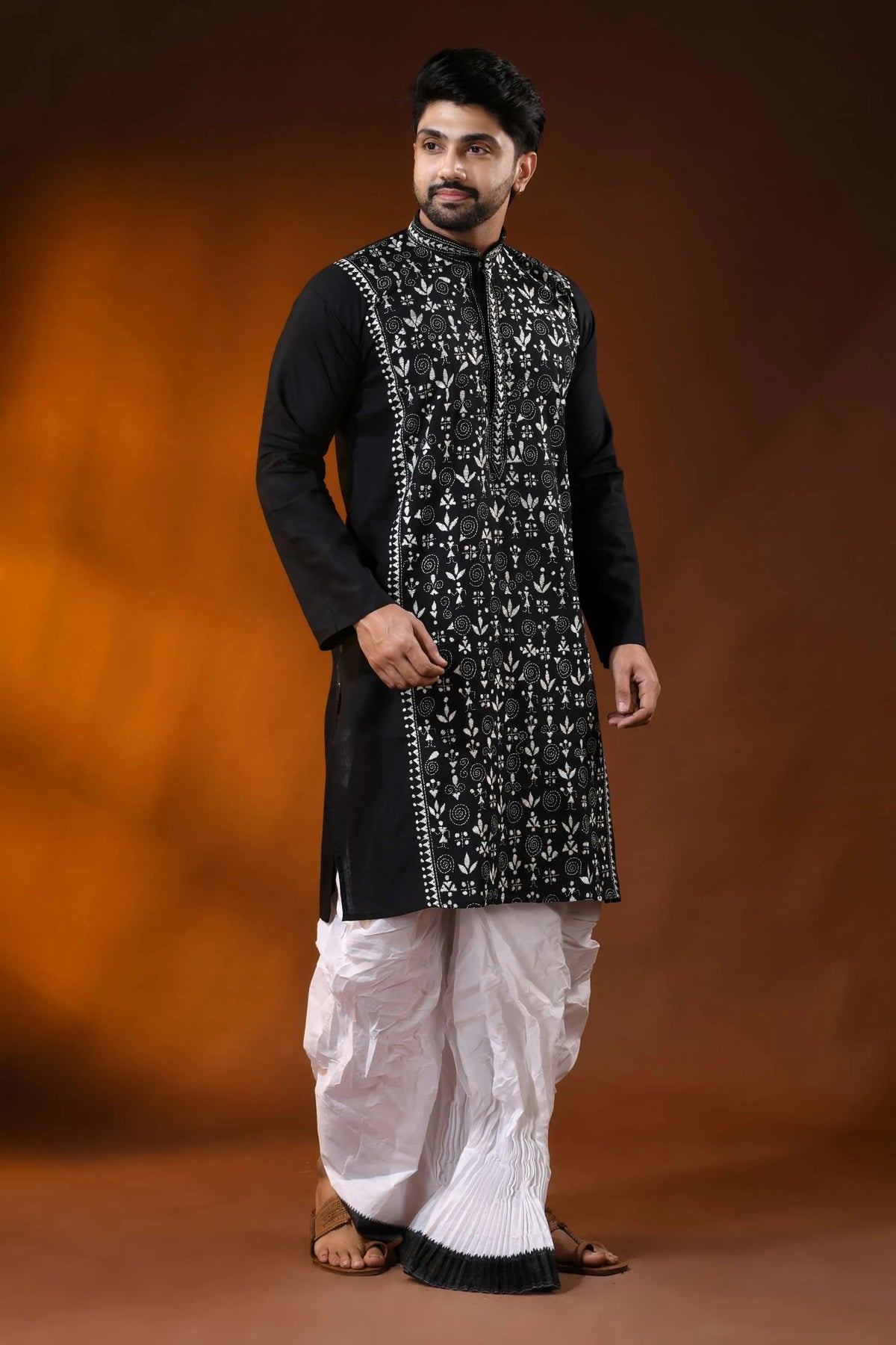 Raven black pure cotton punjabi for men with folk warli kantha work 5